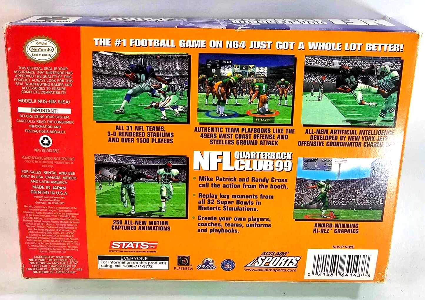 NFL Quarterback Club 99 (Nintendo 64, 2000) Game Box Poster Insert - Tested