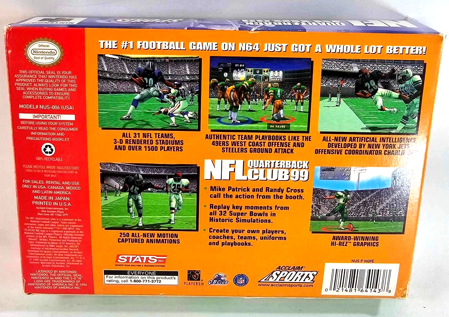 NFL Quarterback Club 99 (Nintendo 64, 2000) Game Box Poster Insert - Tested