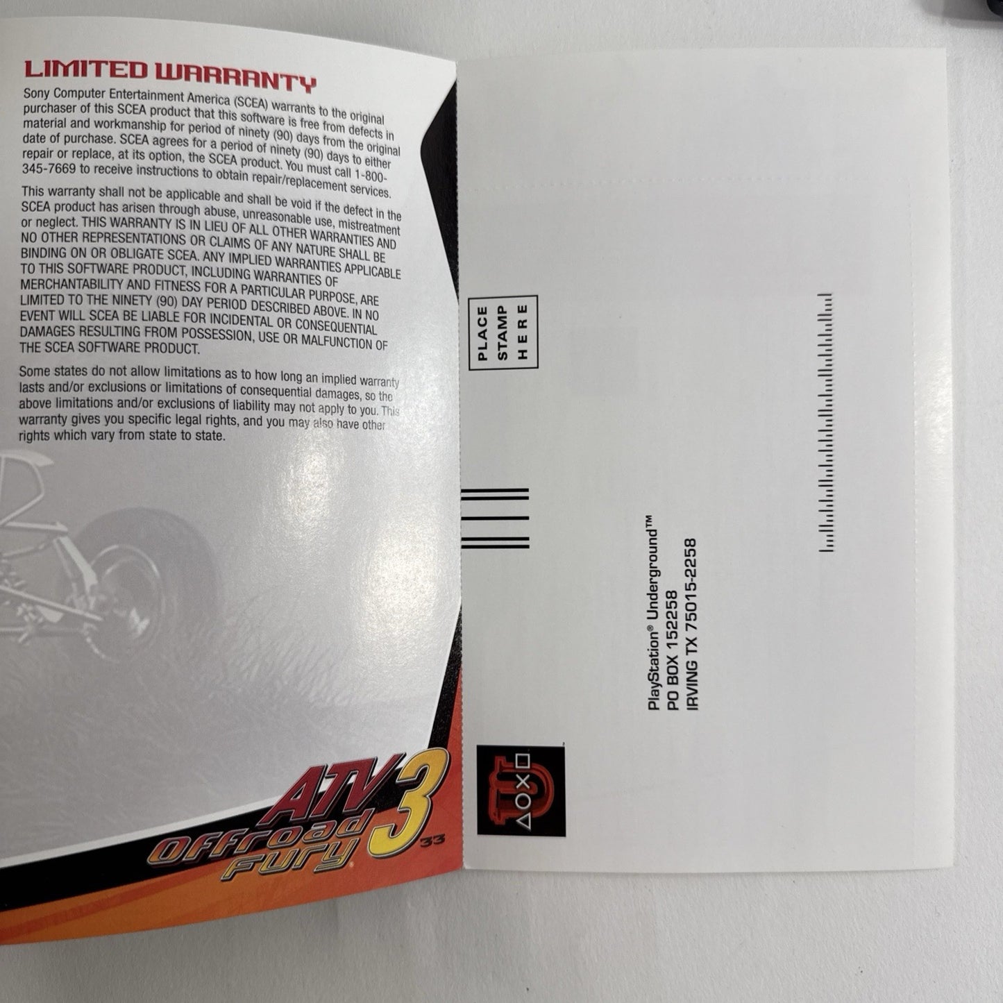 ATV Offroad Fury 3 (PlayStation 2, 2004) Game Case Manual Registration - Tested