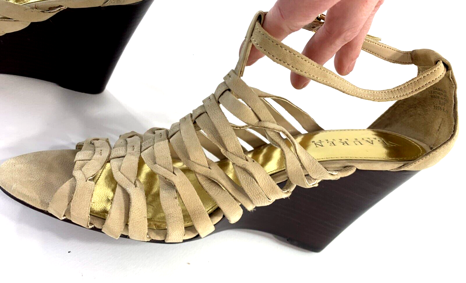 Ralph Lauren Damalise Beige Leather Wedge Sandals Size 9.5B