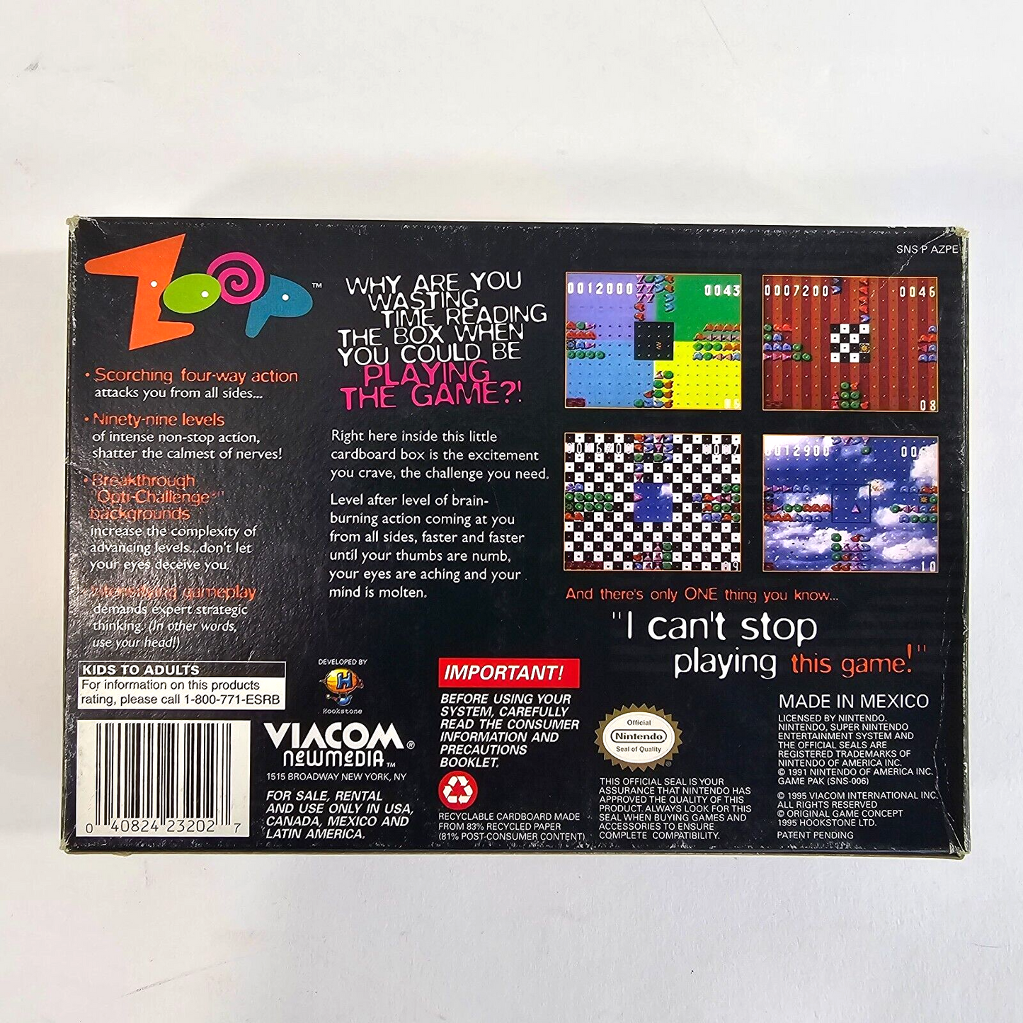 Zoop (Super Nintendo SNES, 1995) Game Box Manual Insert Registration - Tested