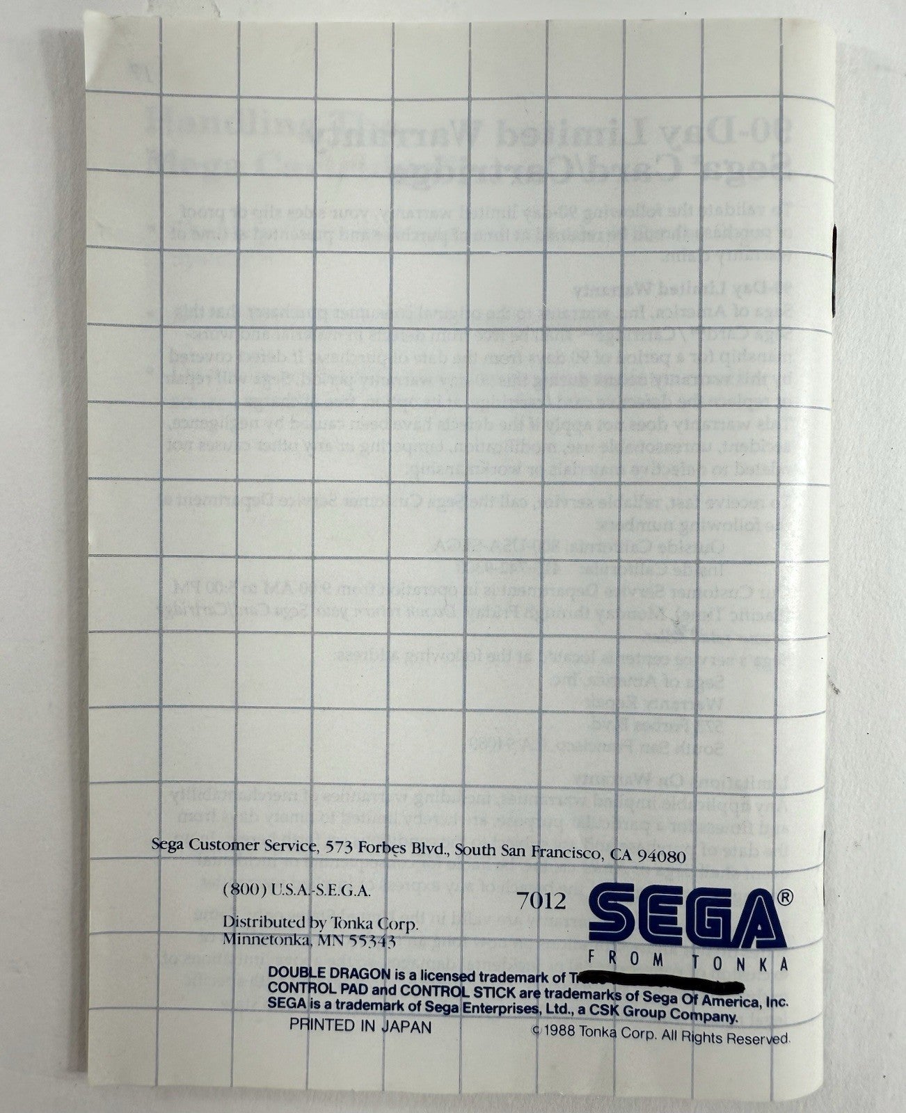 Double Dragon (Sega Master System, 1988) Game Case Manual - Tested and Working