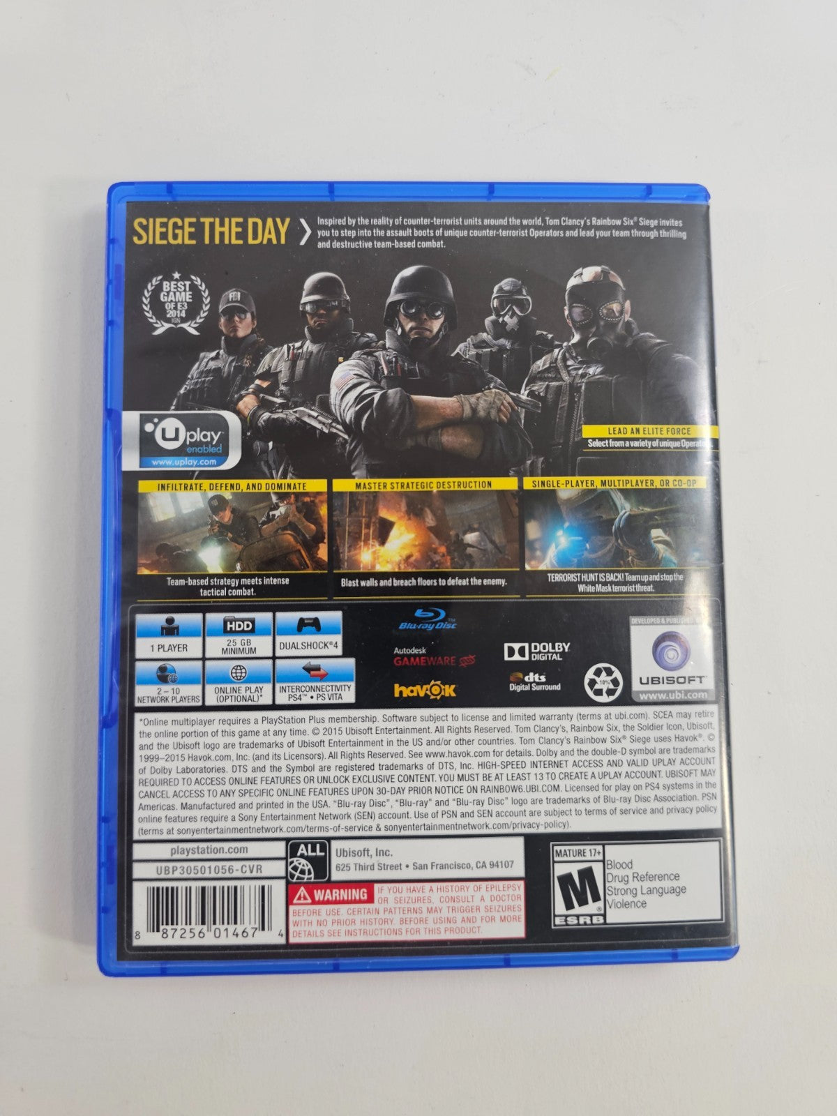 Tom Clancy's Rainbow Six Siege (PlayStation 4, 2015) Game and Case - Tested