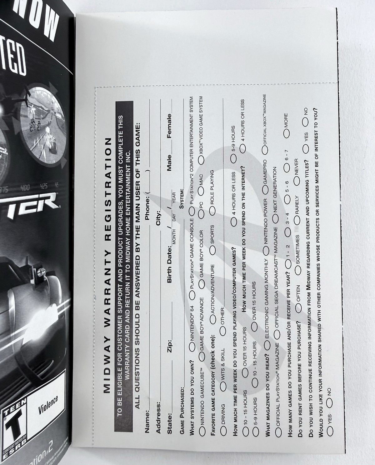 NFL Blitz 2002 (PlayStation 2, 2001) Game Case Manual Registration Card - Tested