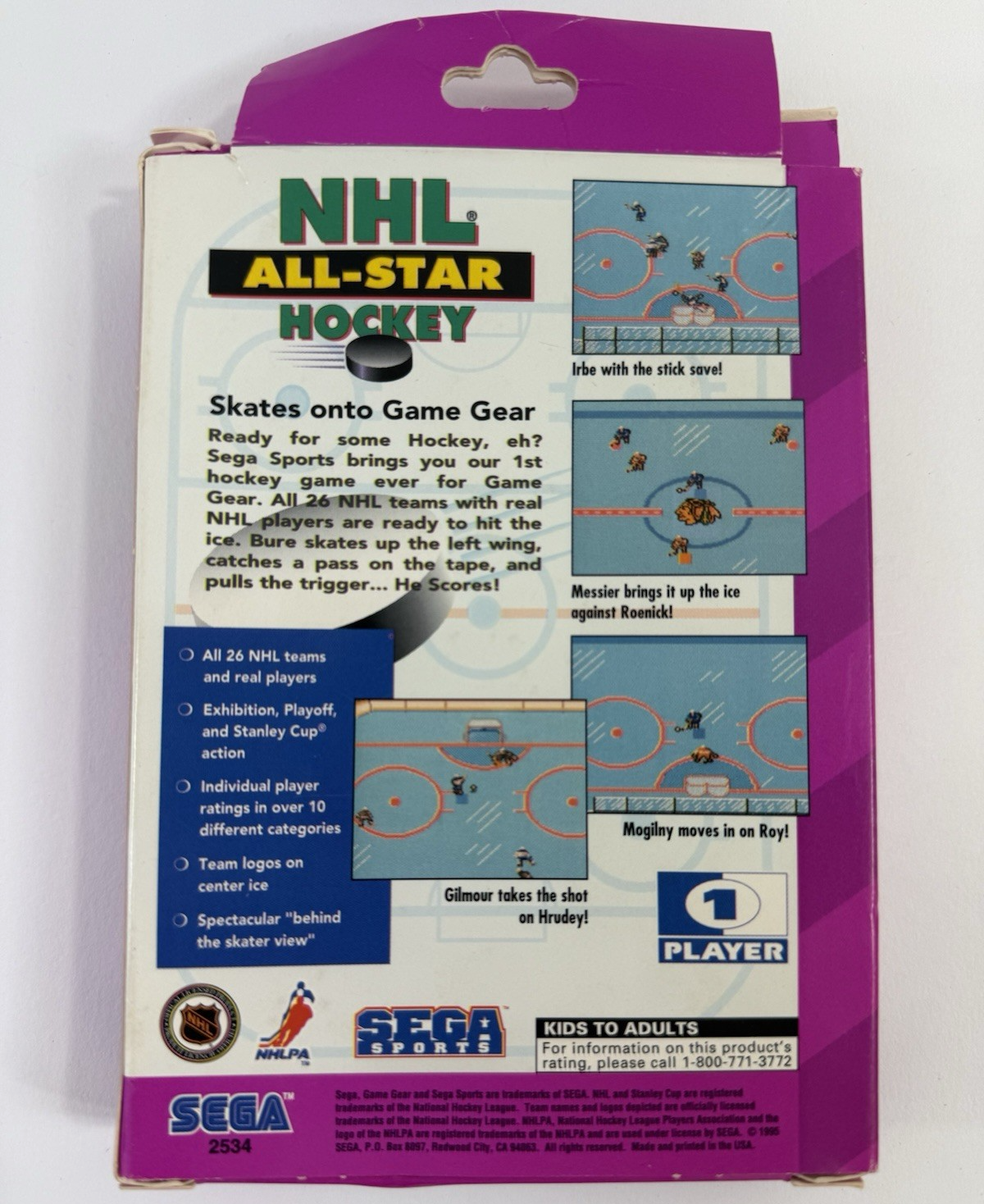 NHL All-Star Hockey (Game Gear, 1995) Box, Manual, Registration, Insert Only