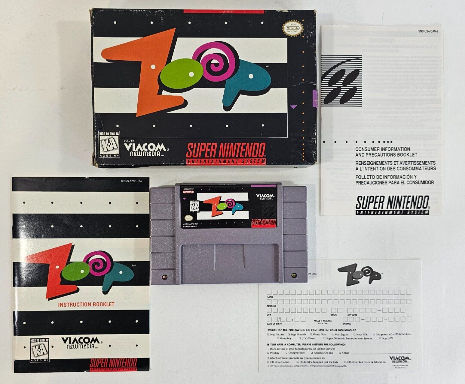 Zoop (Super Nintendo SNES, 1995) Game Box Manual Insert Registration - Tested