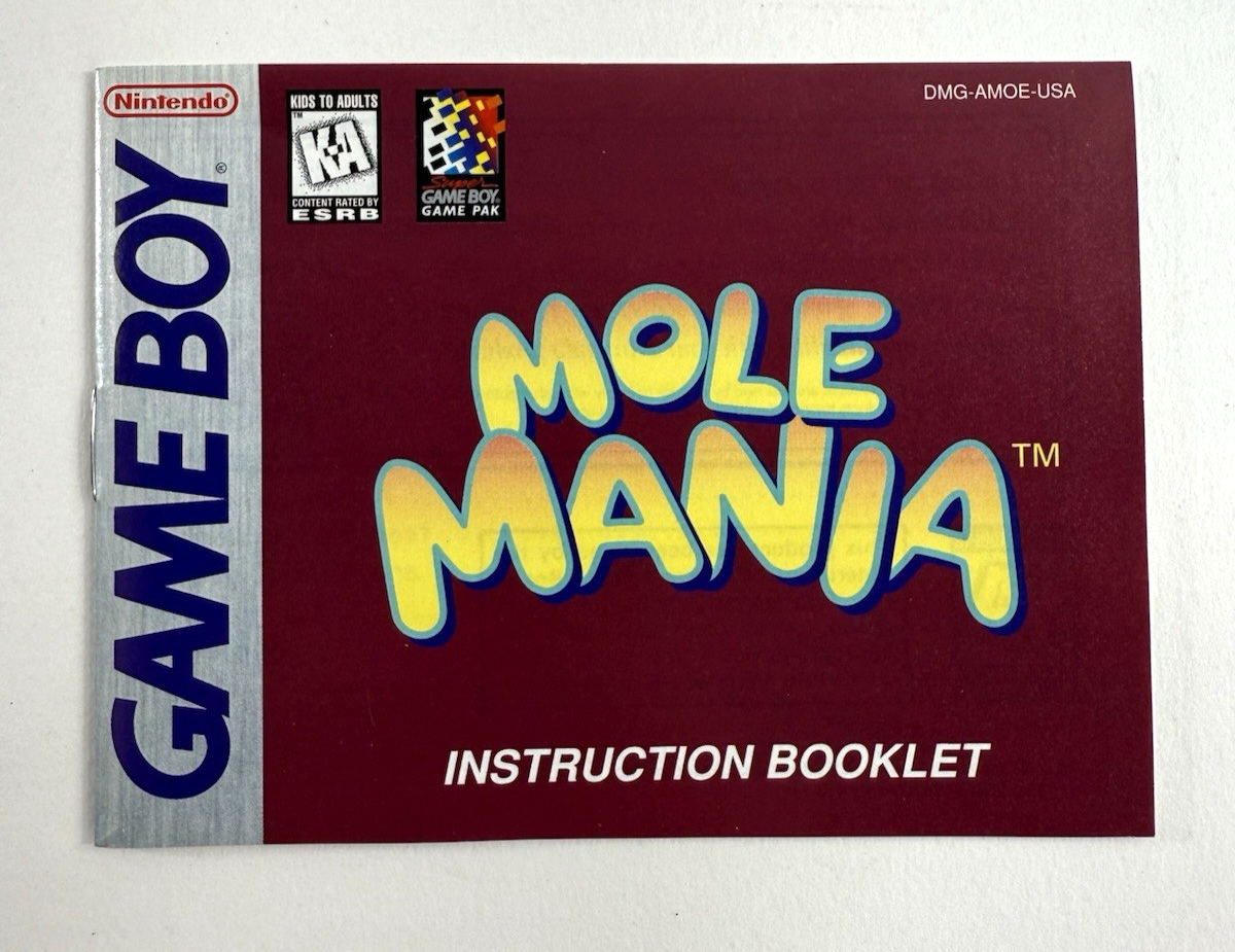 Mole Mania (Nintendo Gameboy, 1997) Game Case Manual Inserts - Tested