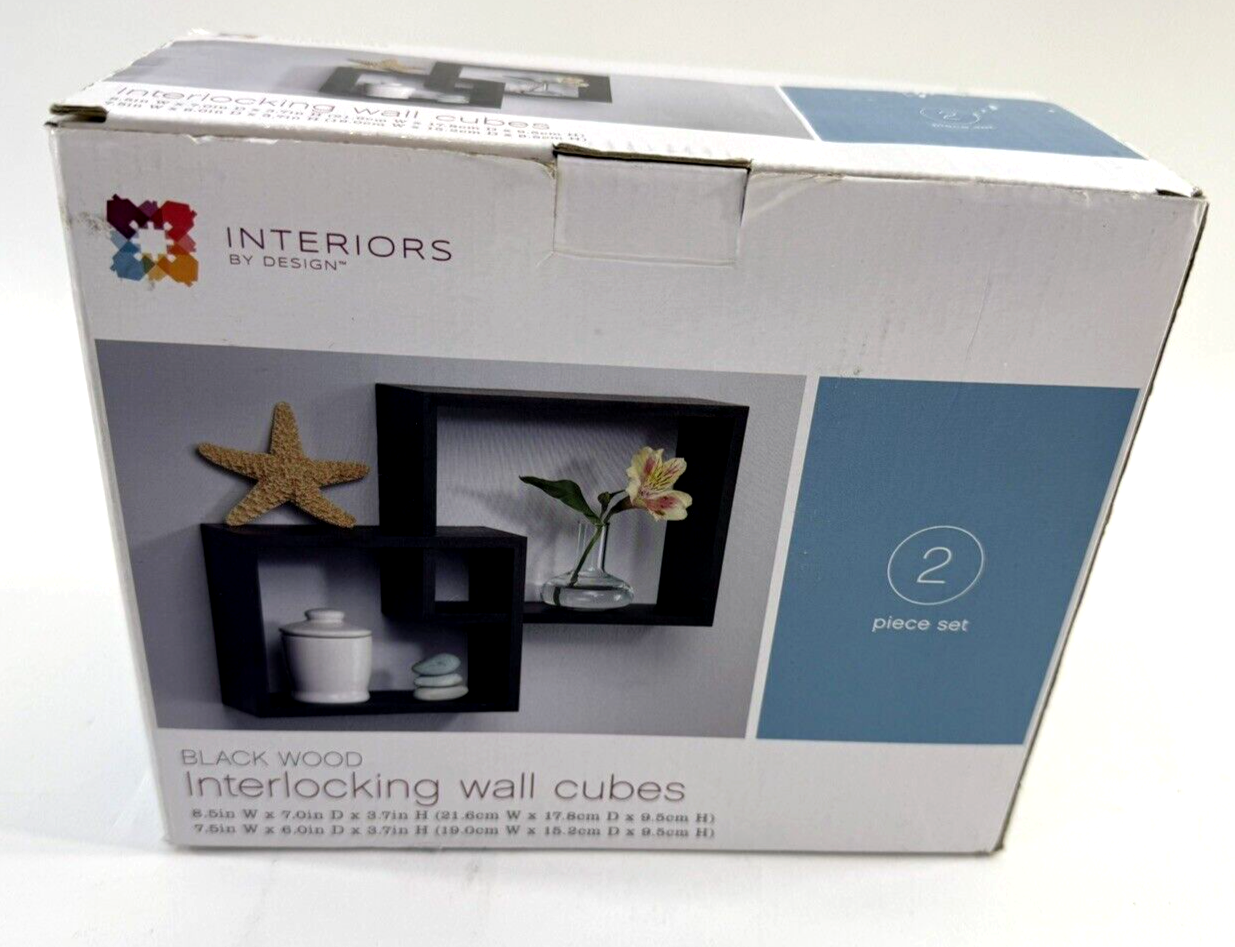 Interiors By Design Black Wooden Interlocking Wall Cubes  2-Piece Set - Open Box