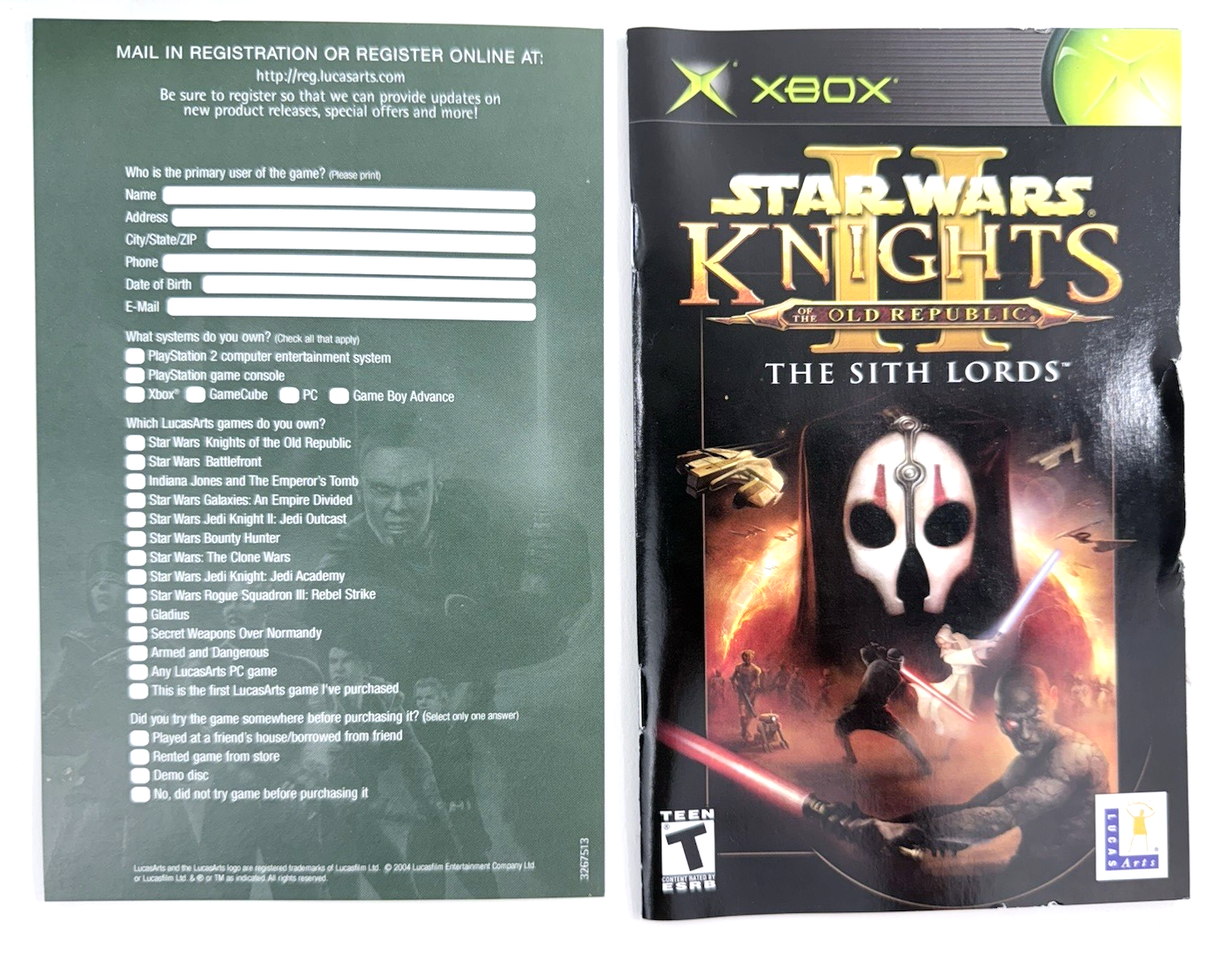 Star Wars Knights of the Old Republic II (Xbox, 2004) Game Case Manual Reg. Card