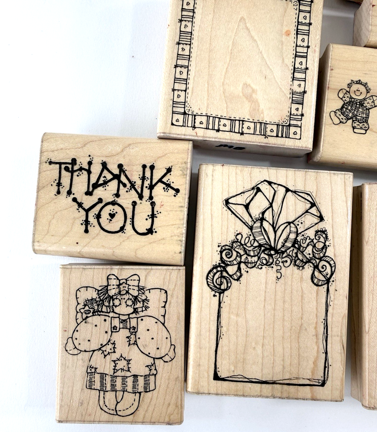16 Pcs D.O.T.S. Wood Mounted Rubber Stamps Mixed Designs Dolls Frames Borders