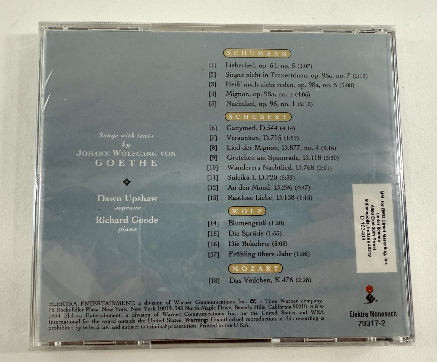 Goethe Lieder by Richard Goode (Piano) & Dawn Upshaw (Soprano) (CD, 1994) New