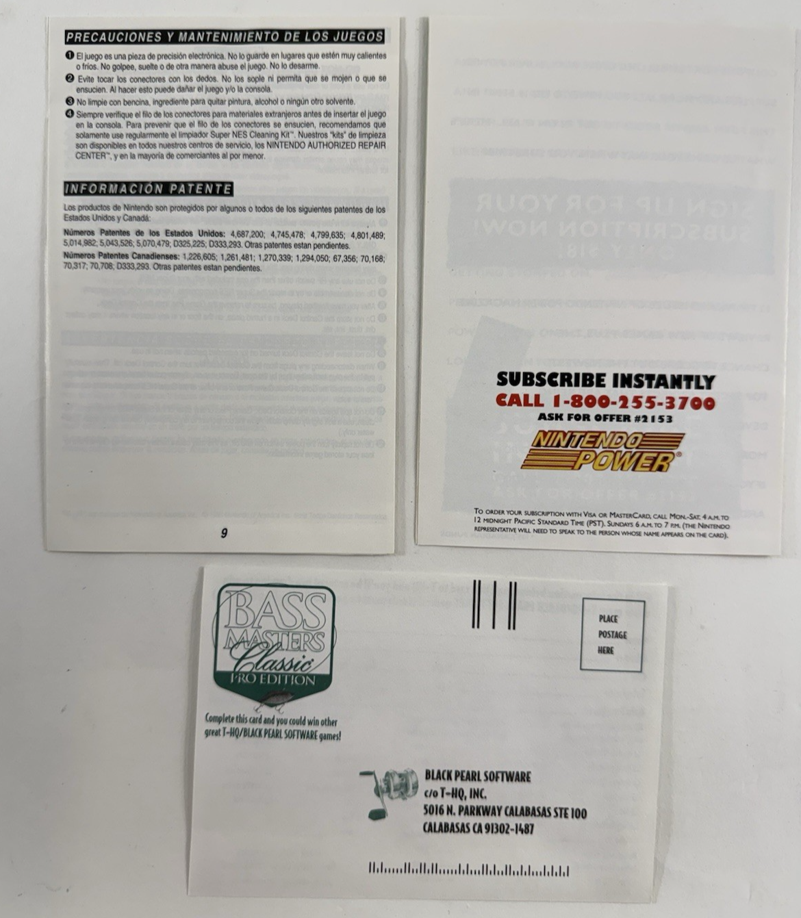 Bass Masters Classic Pro Edition (Super Nintendo, 1996) Game Box Manual Inserts