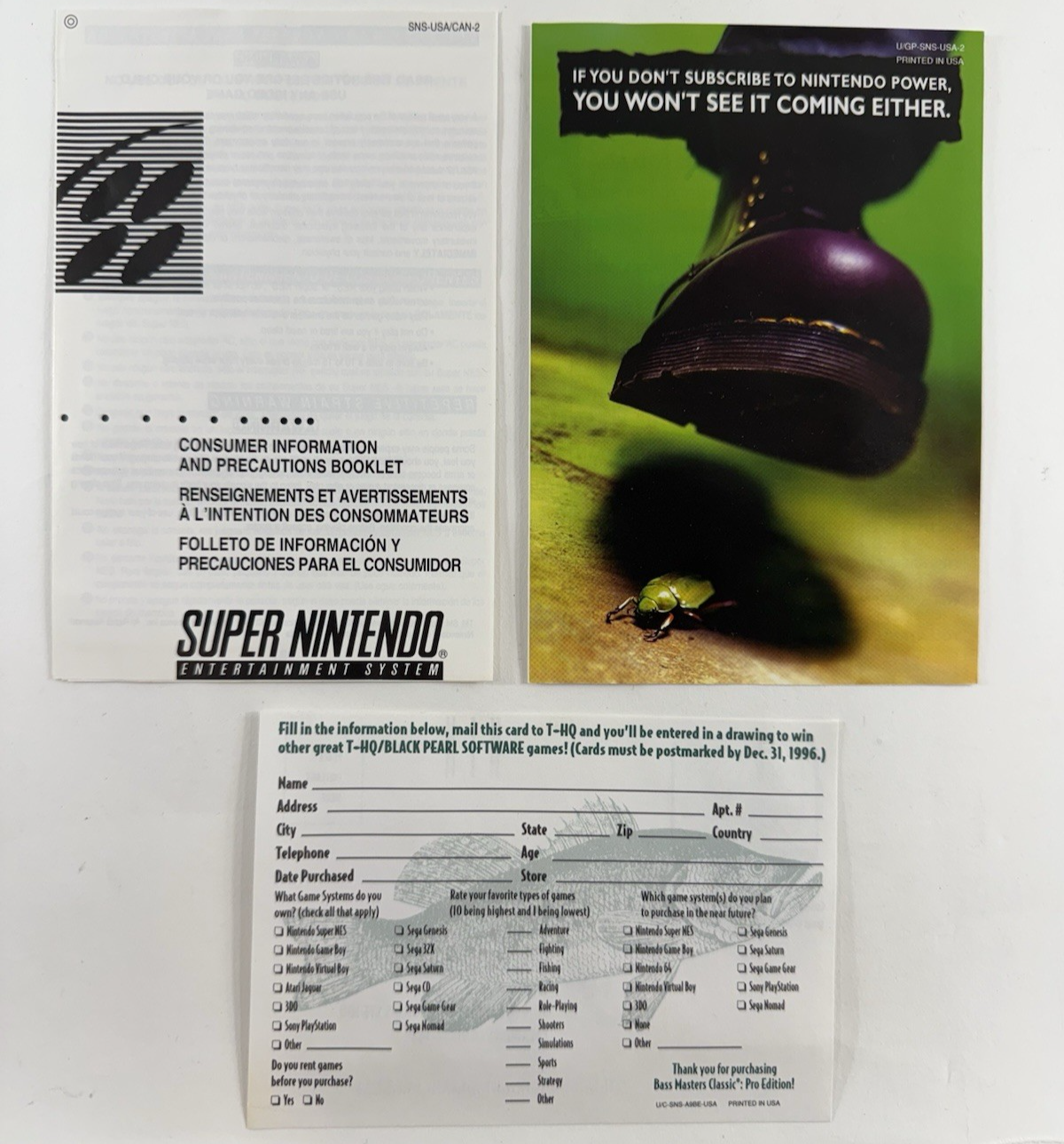 Bass Masters Classic Pro Edition (Super Nintendo, 1996) Game Box Manual Inserts