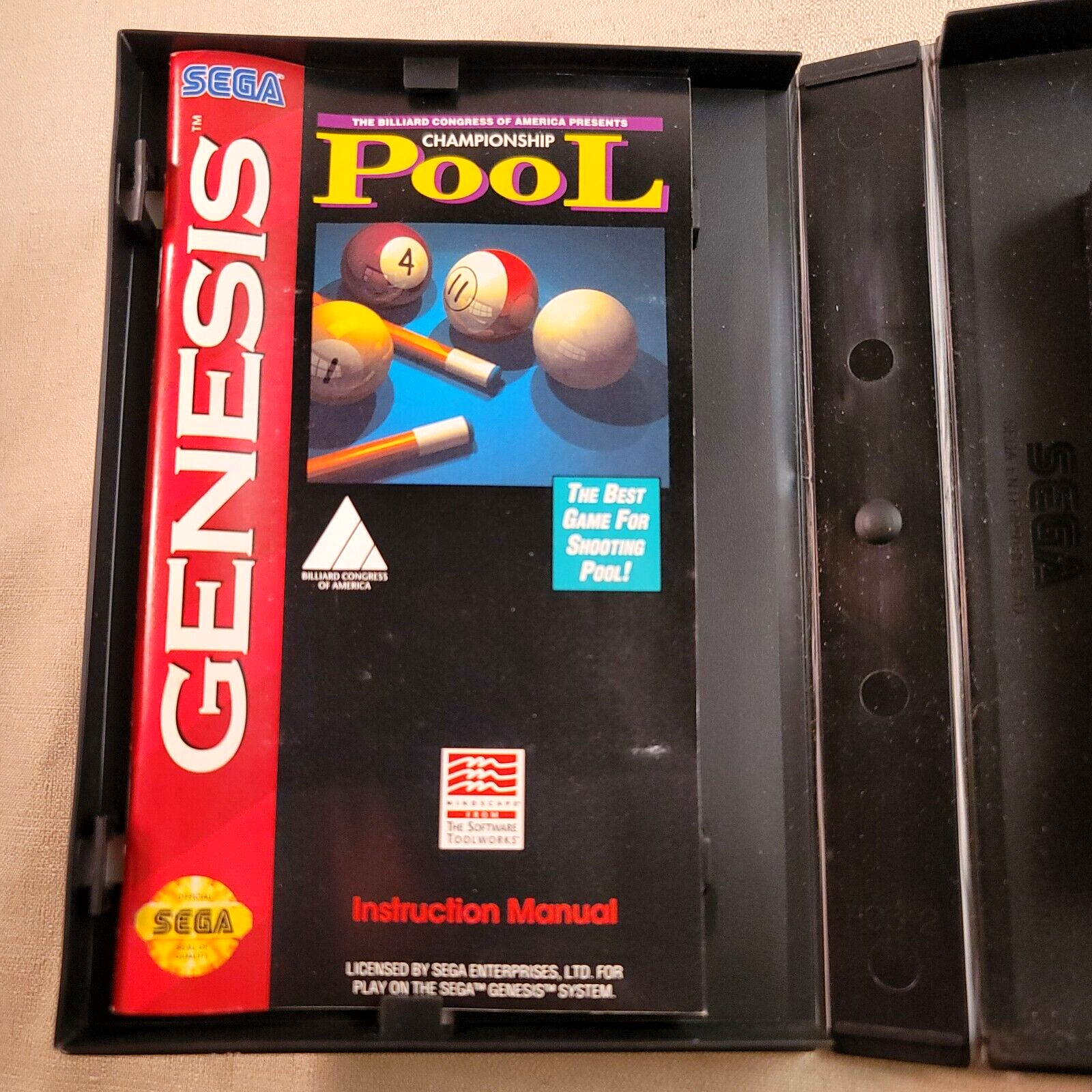 Championship Pool (Sega Genesis, 1993) Game Case Manual - Tested and Working