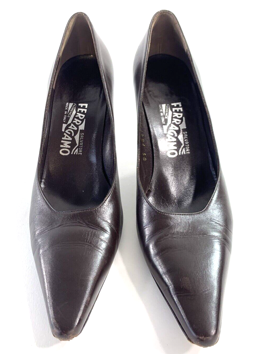 Salvatore Ferragamo Size 7.5 AA Brown Leather Heels Pointed Toe Dress Shoes
