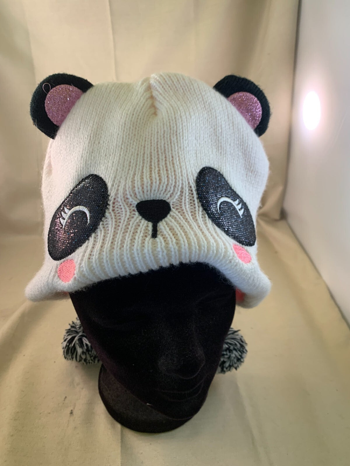 Girl's Knit Hat White & Black Panda Fleece-Lined Warm Kawaii