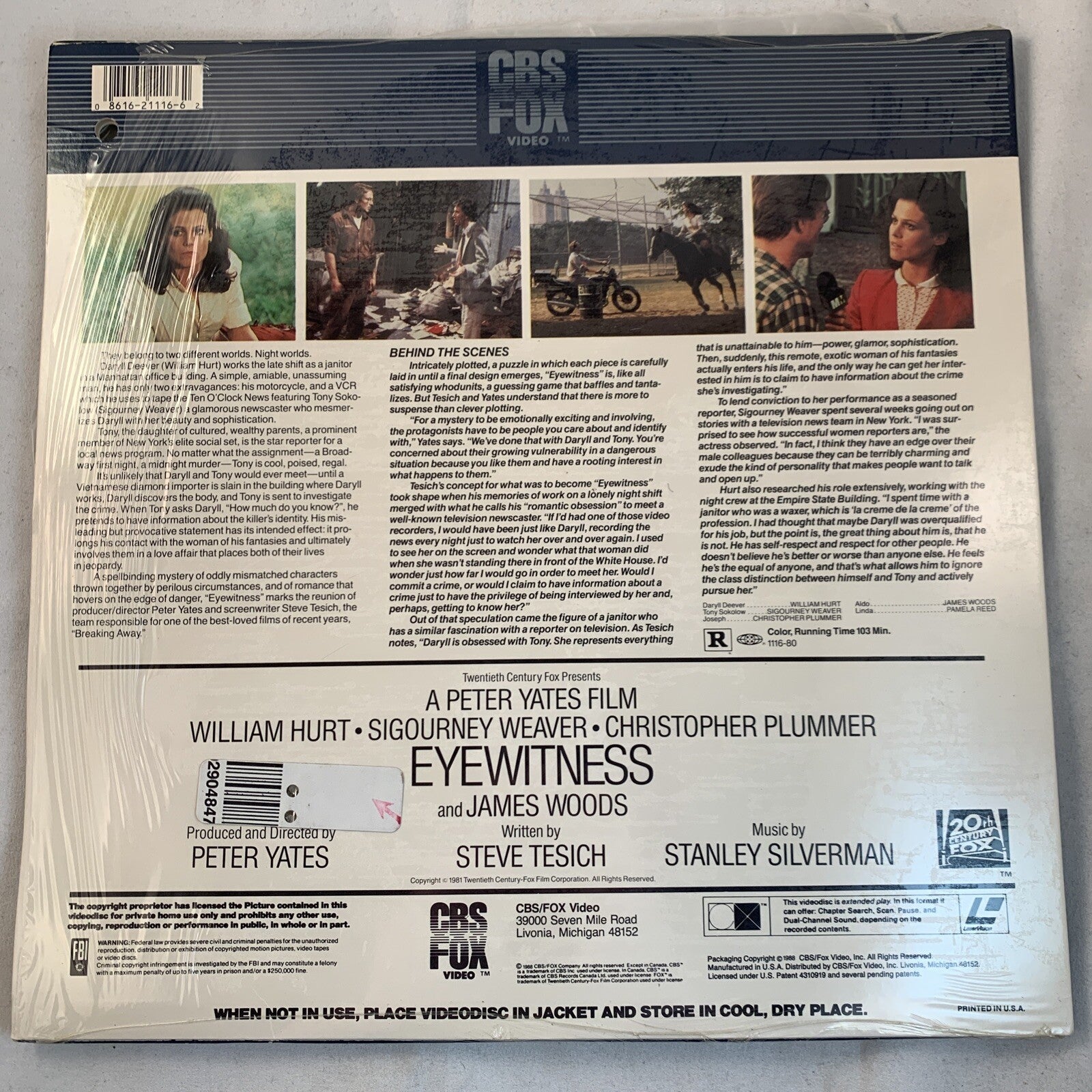 Laserdisc Eyewitness 1981 William Hurt Sigourney Weaver Christopher Plummer R