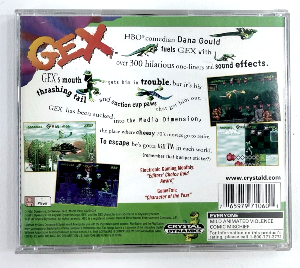 Gex (PlayStation 1, 1996) Game, Case, and Back Cover Art - No Manual - Tested