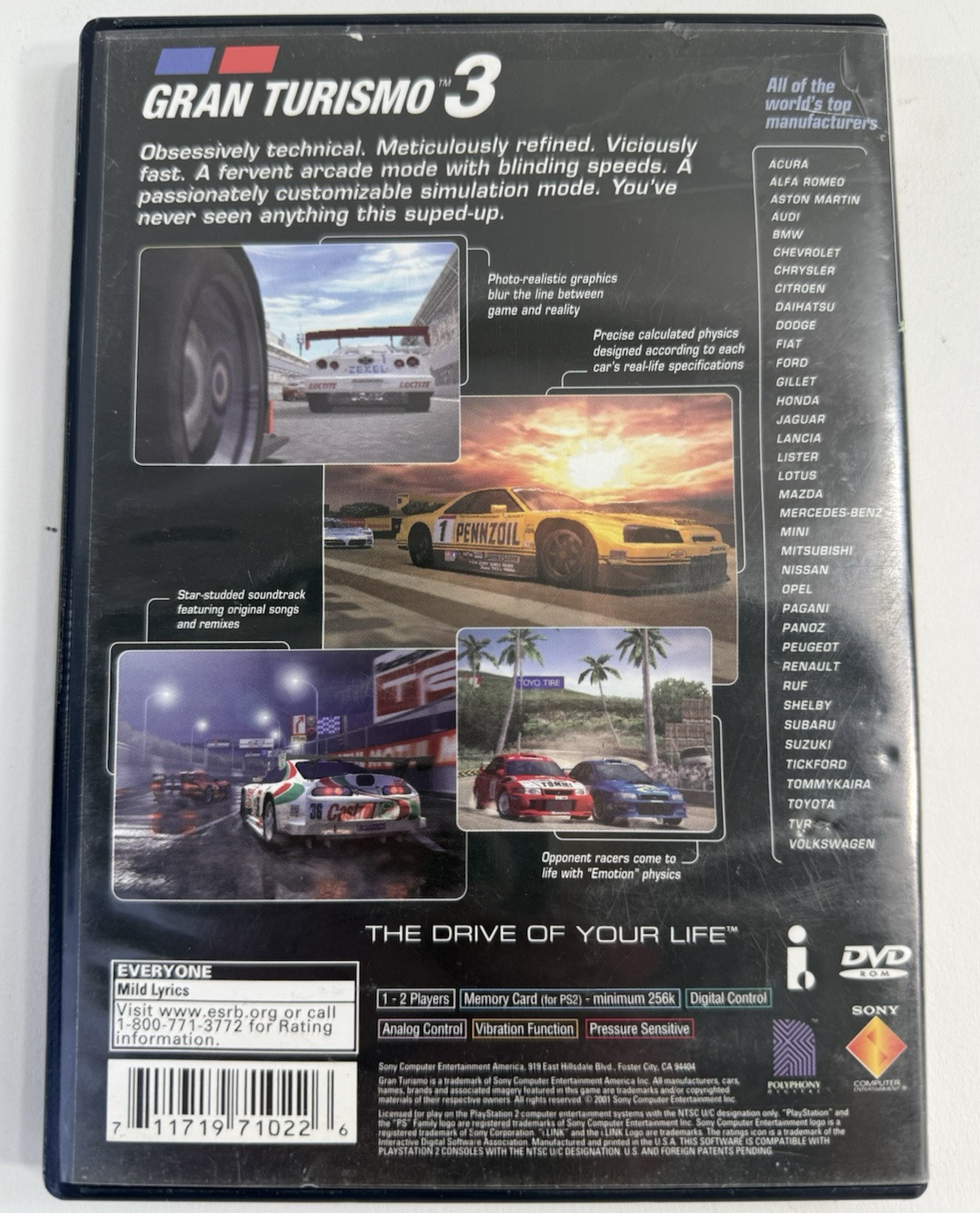 Gran Turismo 3 A-spec (PlayStation 2, 2001) Black Label Game Case Manual -Tested