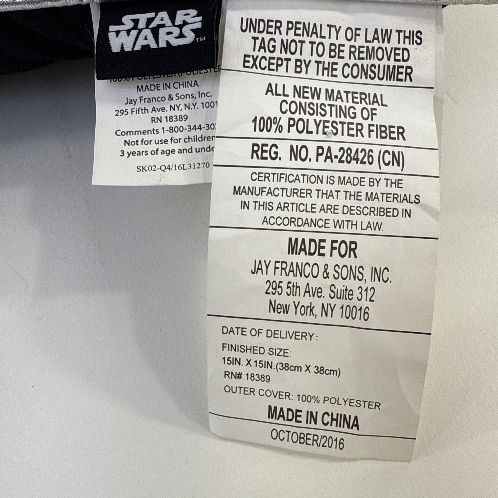 Star Wars 2016 Officially Licensed 15"x15" Stormtrooper Black Throw Pillow