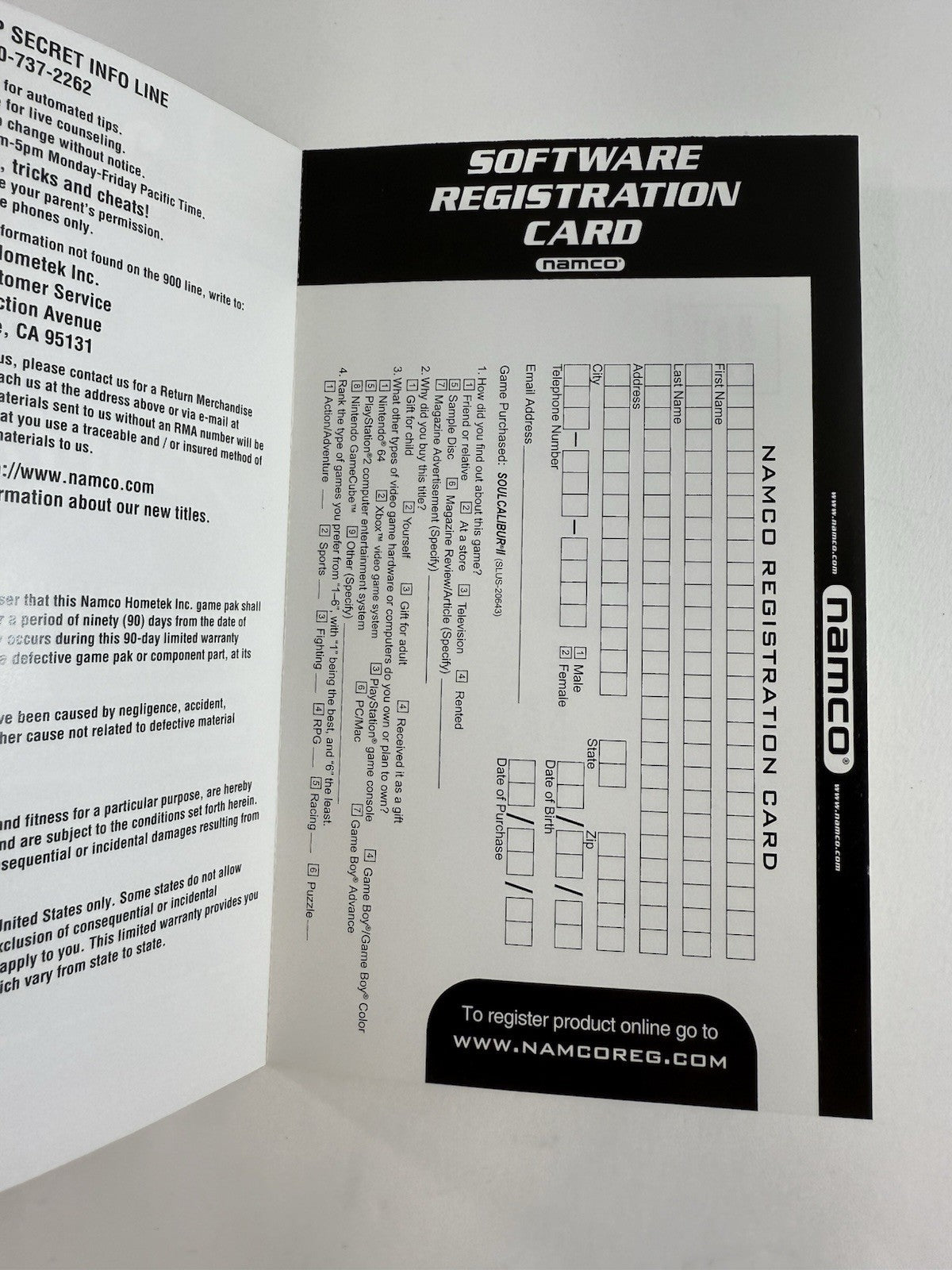 Soul Calibur II (PlayStation 2, 2003) Discs Case Manual Registration - Tested