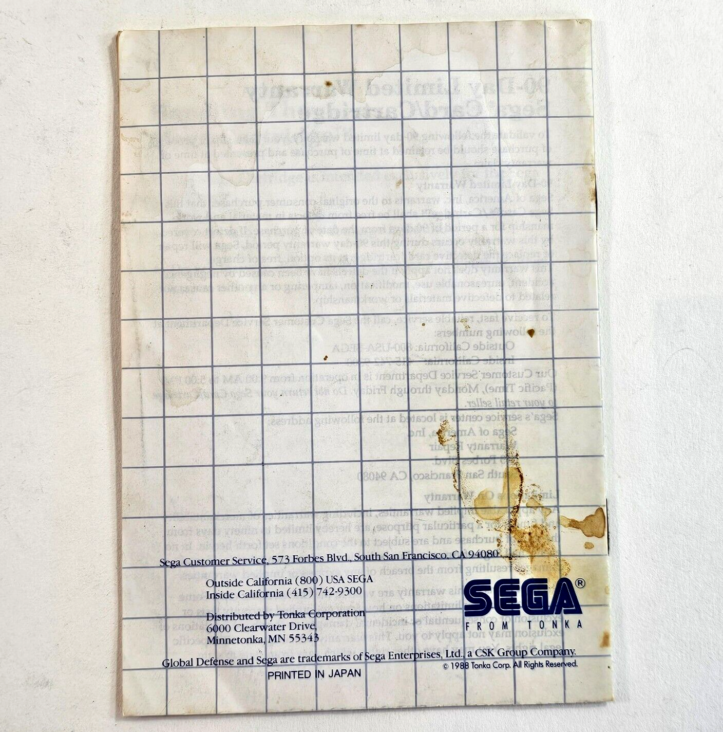 Global Defense (Sega Master System, 1987) Game Case Manual - Tested and Working