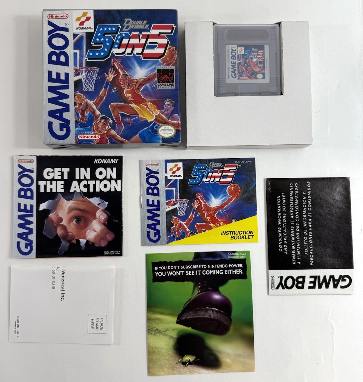 Double Dribble 5 on 5 (Nintendo GameBoy, 1991) Game Box Manual Inserts Reg. Card