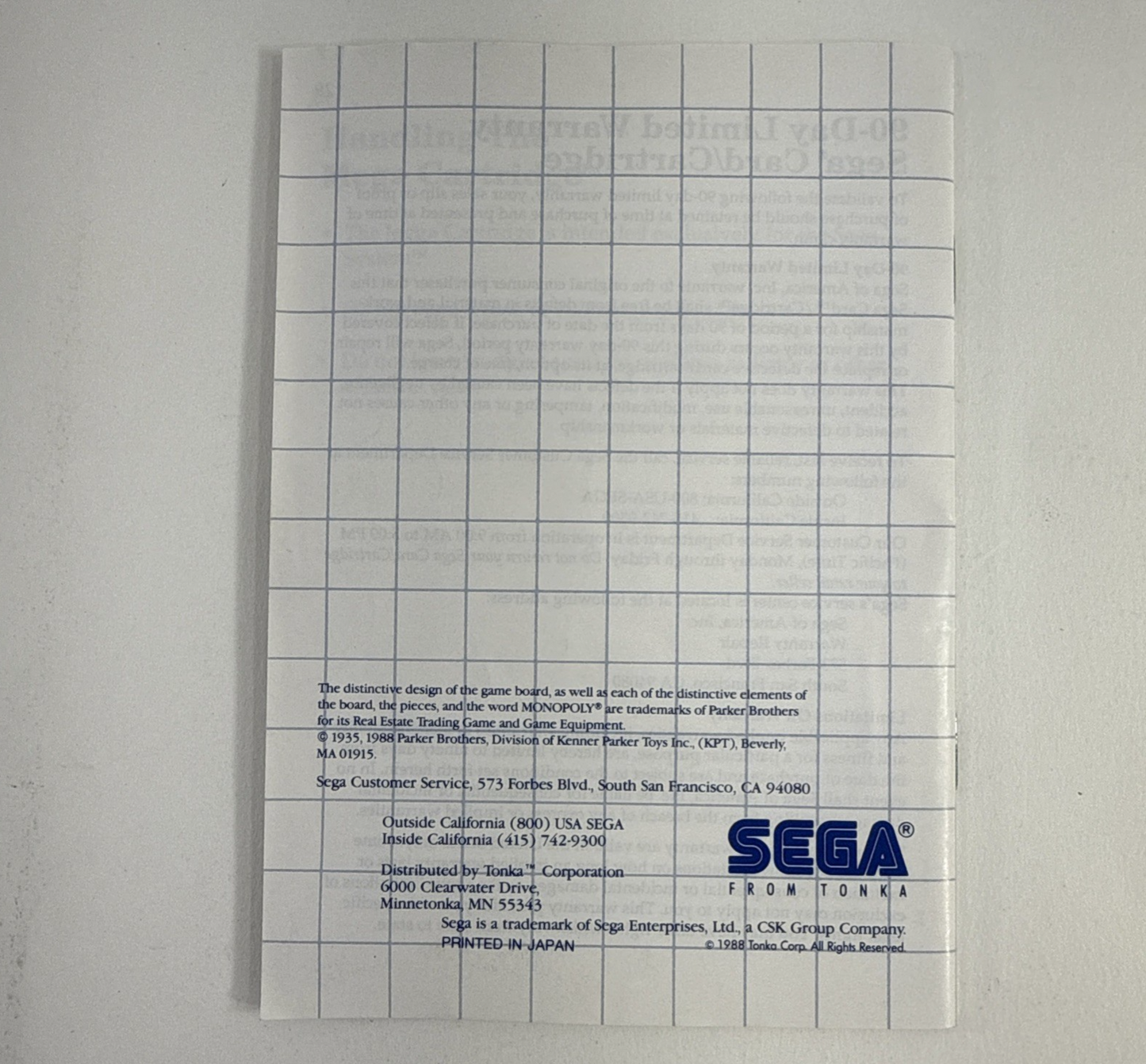 Monopoly (Sega Master System, 1988) Game Case Manual Poster - Tested