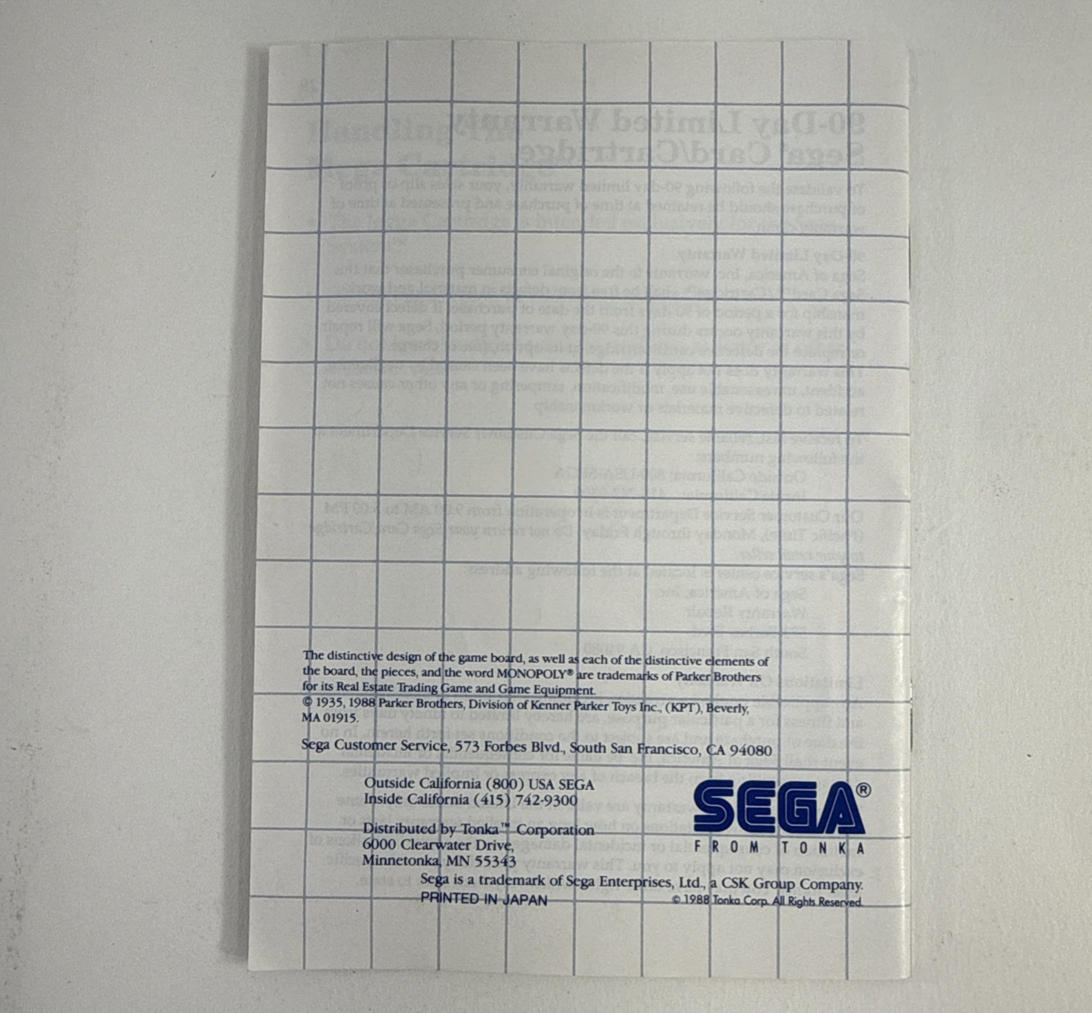 Monopoly (Sega Master System, 1988) Game Case Manual Poster - Tested