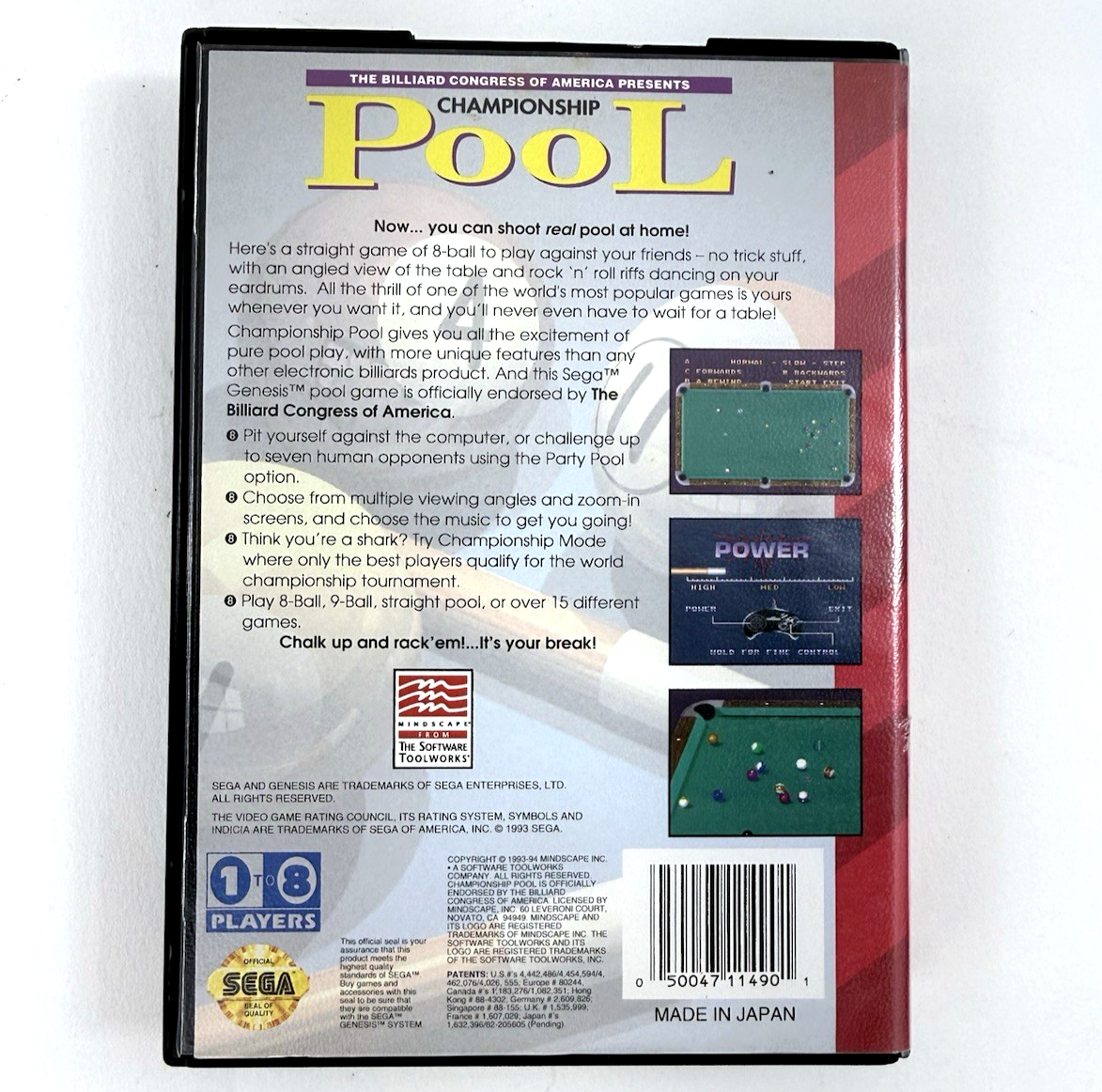 Championship Pool (Sega Genesis, 1993) Game Case Manual - Tested and Working