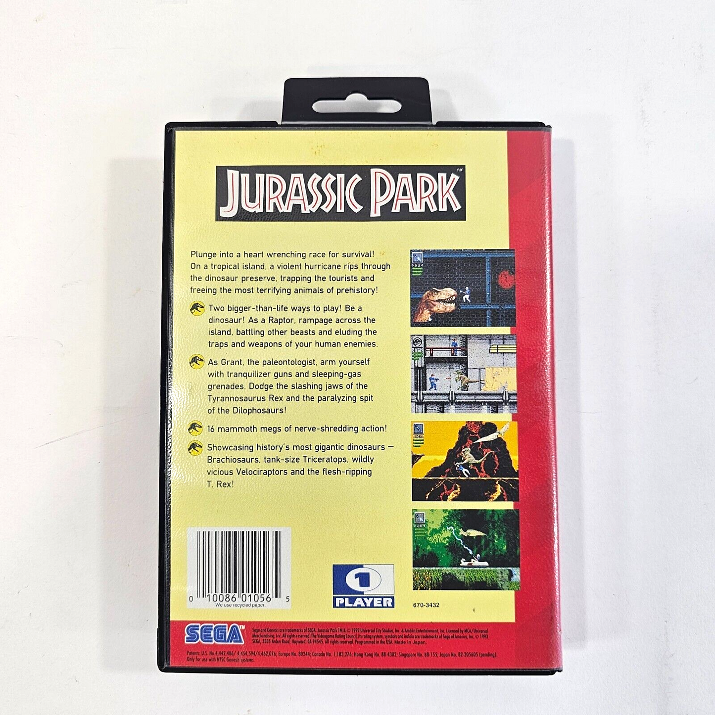 Jurassic Park (Sega Genesis, 1993) Game Manual and Case with Hangtab - Tested