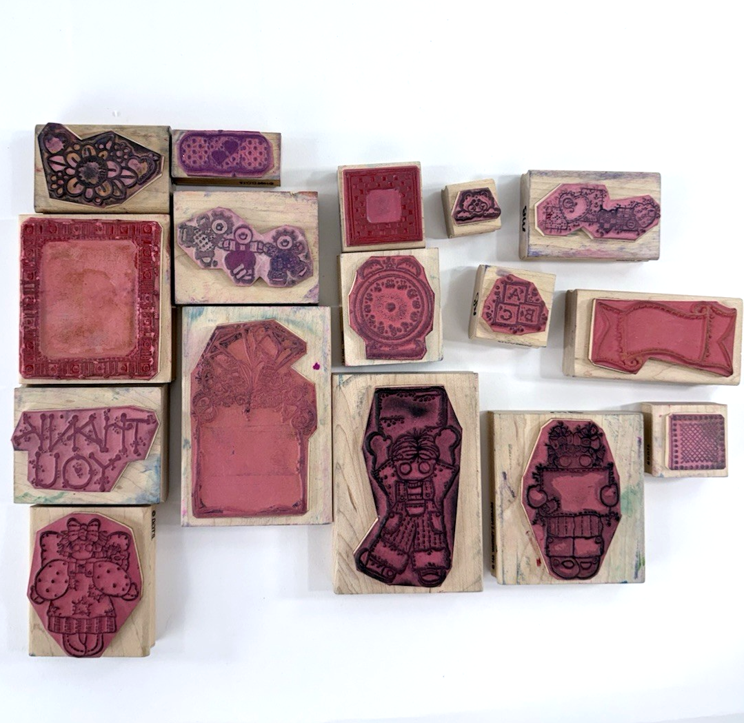16 Pcs D.O.T.S. Wood Mounted Rubber Stamps Mixed Designs Dolls Frames Borders