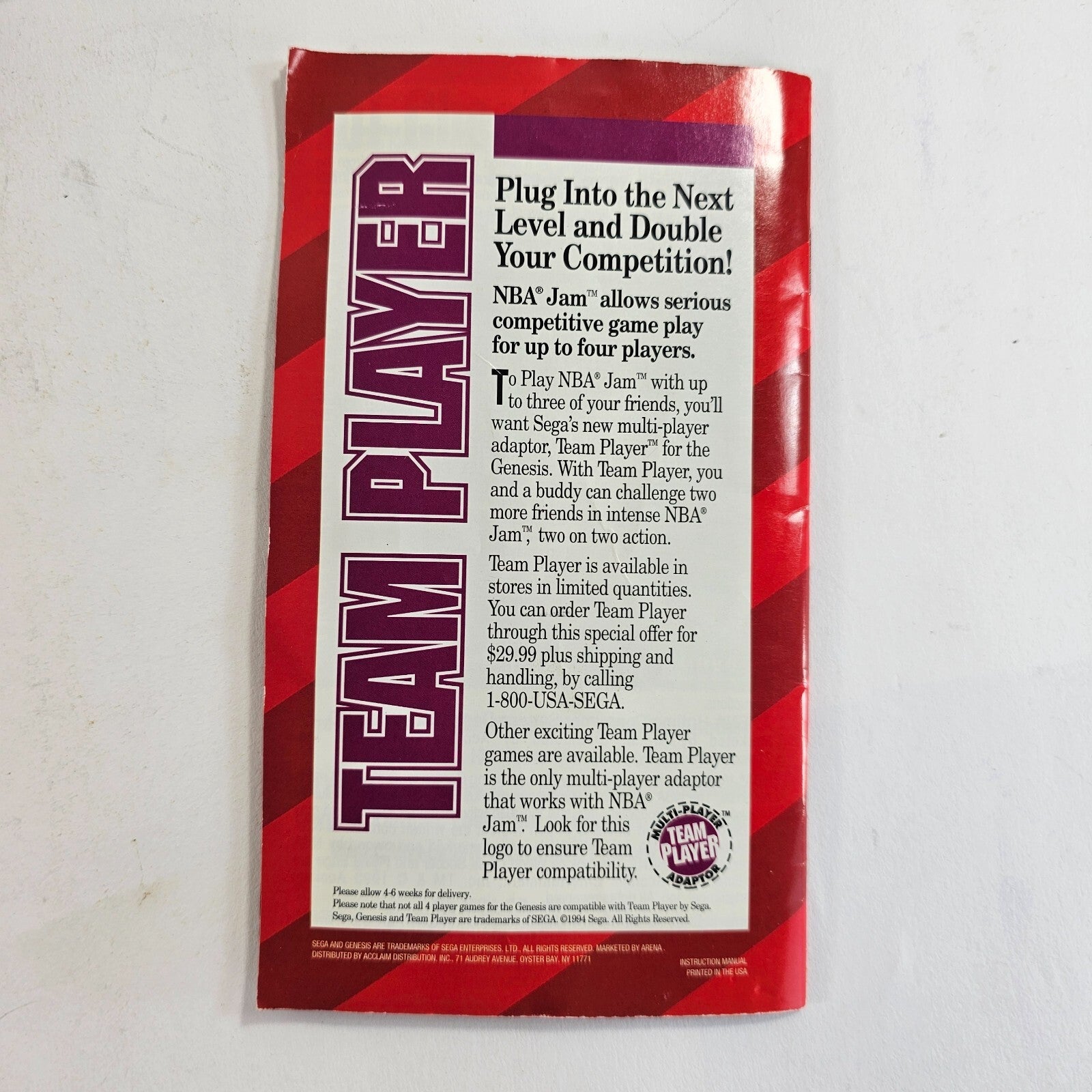 NBA Jam (Sega Genesis, 1994) Game Case Manual - Tested and Working