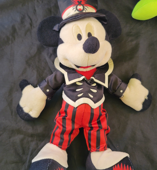 Disney Halloween 13” Mickey Mouse Plush Red / Black Satin Outfit Top Hat Spider