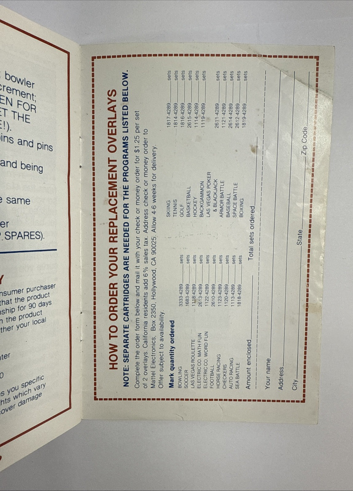 Bowling (Intellivision, 1984) Game Box Manual Overlays - Tested and Working