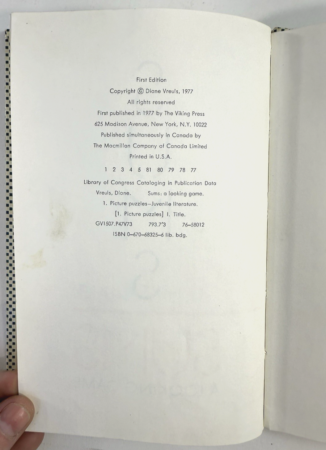 Sums: A Looking Game by Diane Vreuls (Hardcover, 1977) First Edition