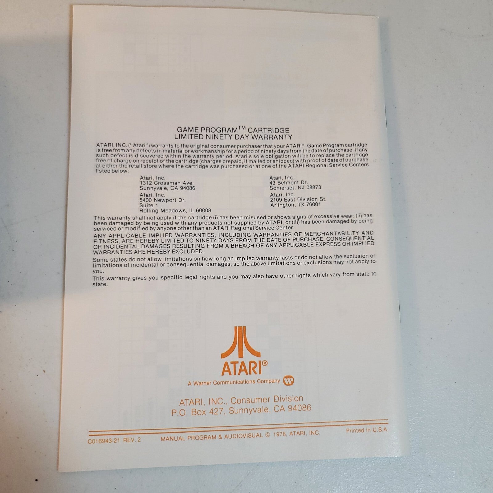 Video Olympics (Atari 2600, 1977) Game Case Manual