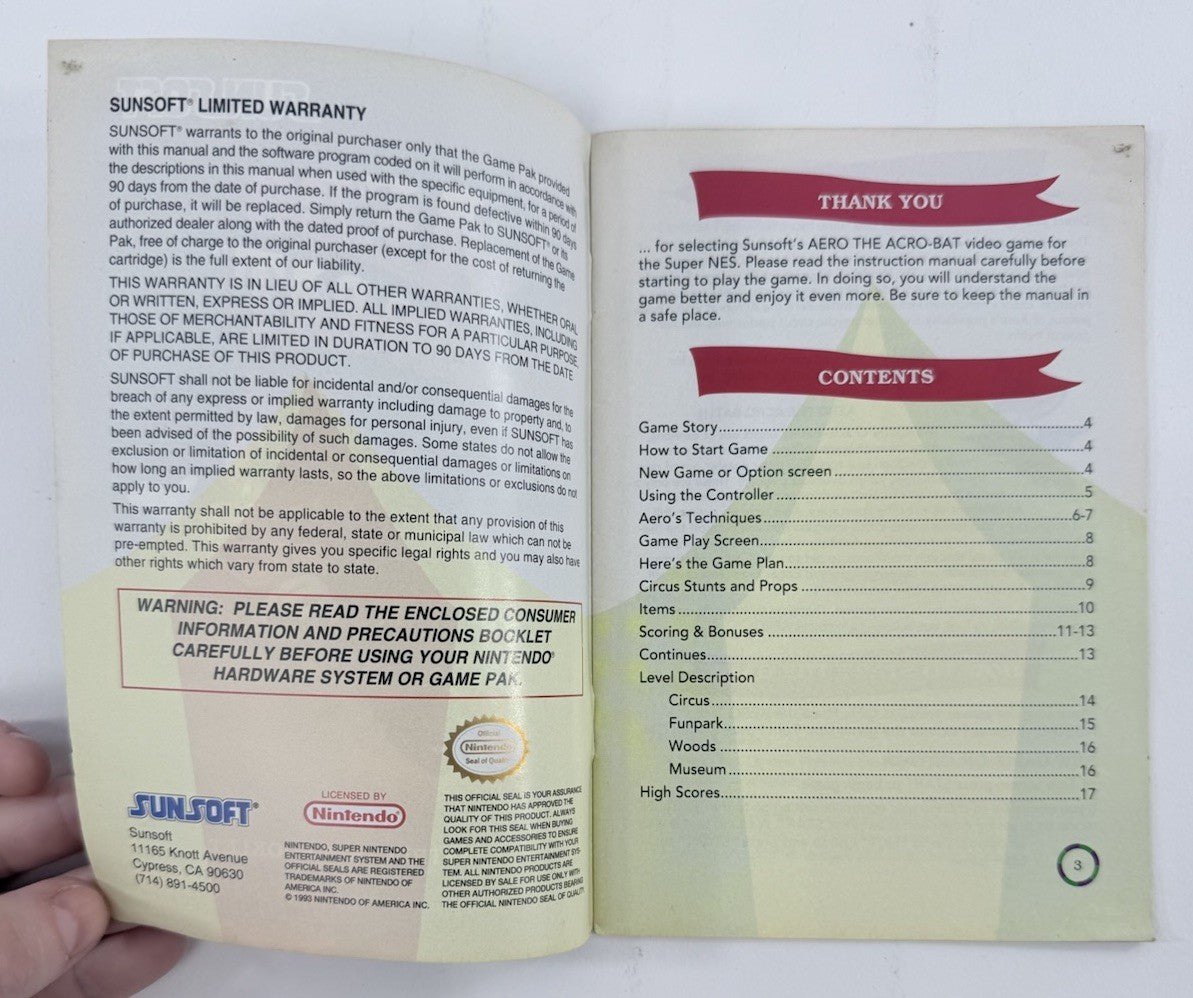 Aero The Acro-Bat 1993 Instruction Booklet for Super Nintendo SNS-XB-USA