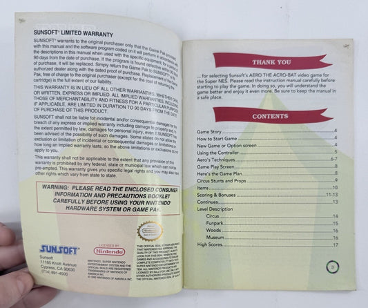 Aero The Acro-Bat 1993 Instruction Booklet for Super Nintendo SNS-XB-USA