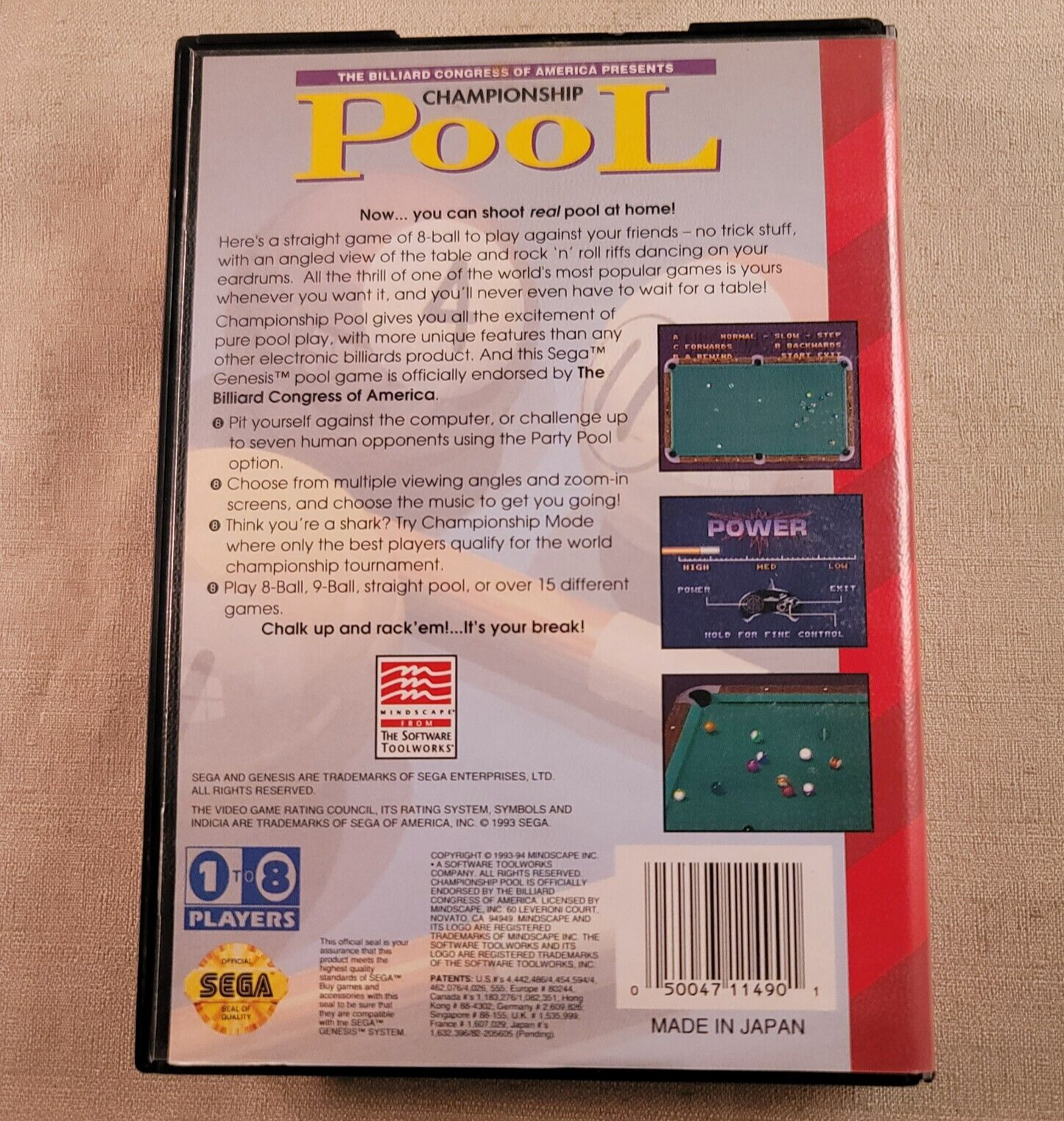 Championship Pool (Sega Genesis, 1993) Game Case Manual - Tested and Working