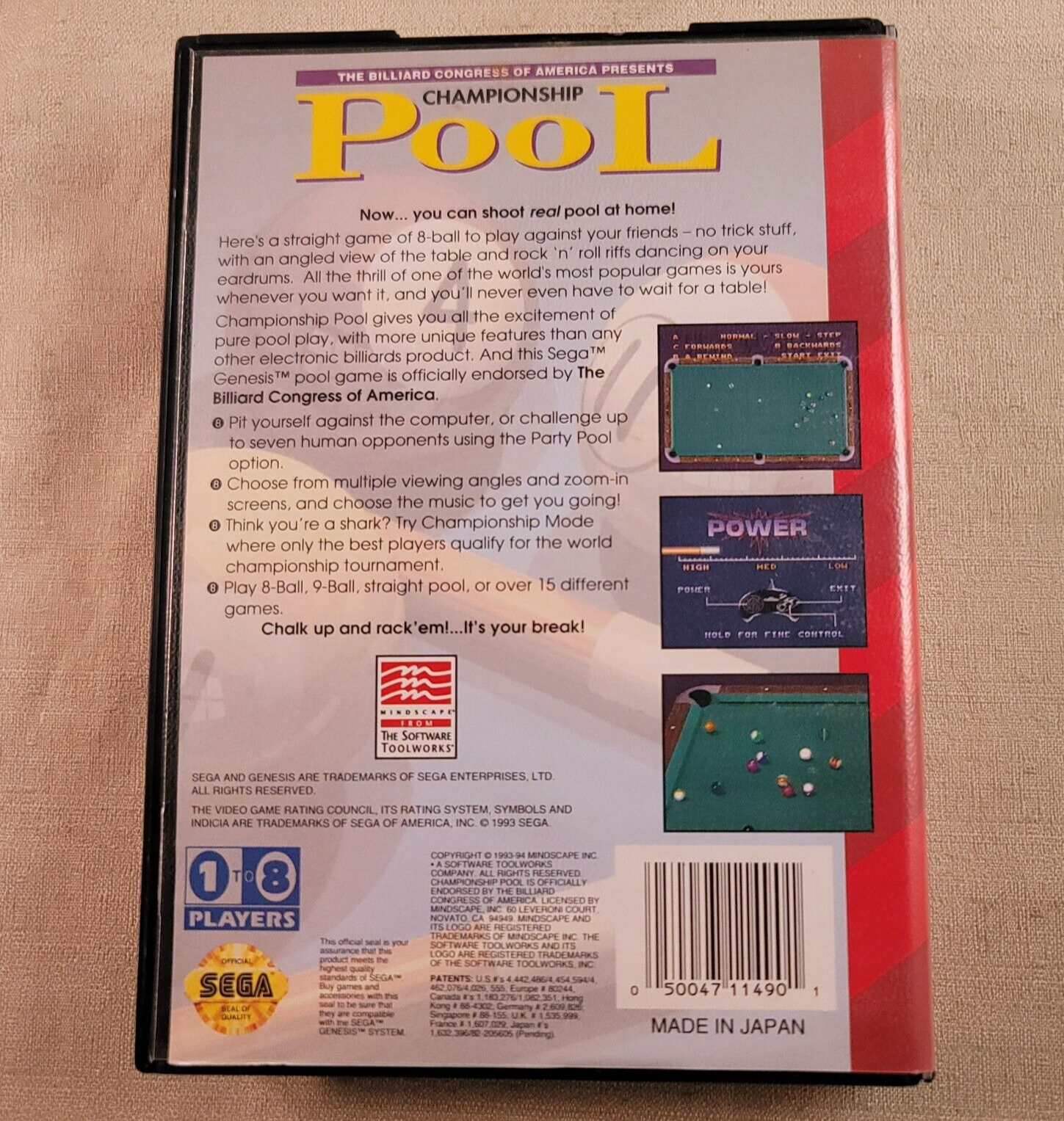 Championship Pool (Sega Genesis, 1993) Game Case Manual - Tested and Working