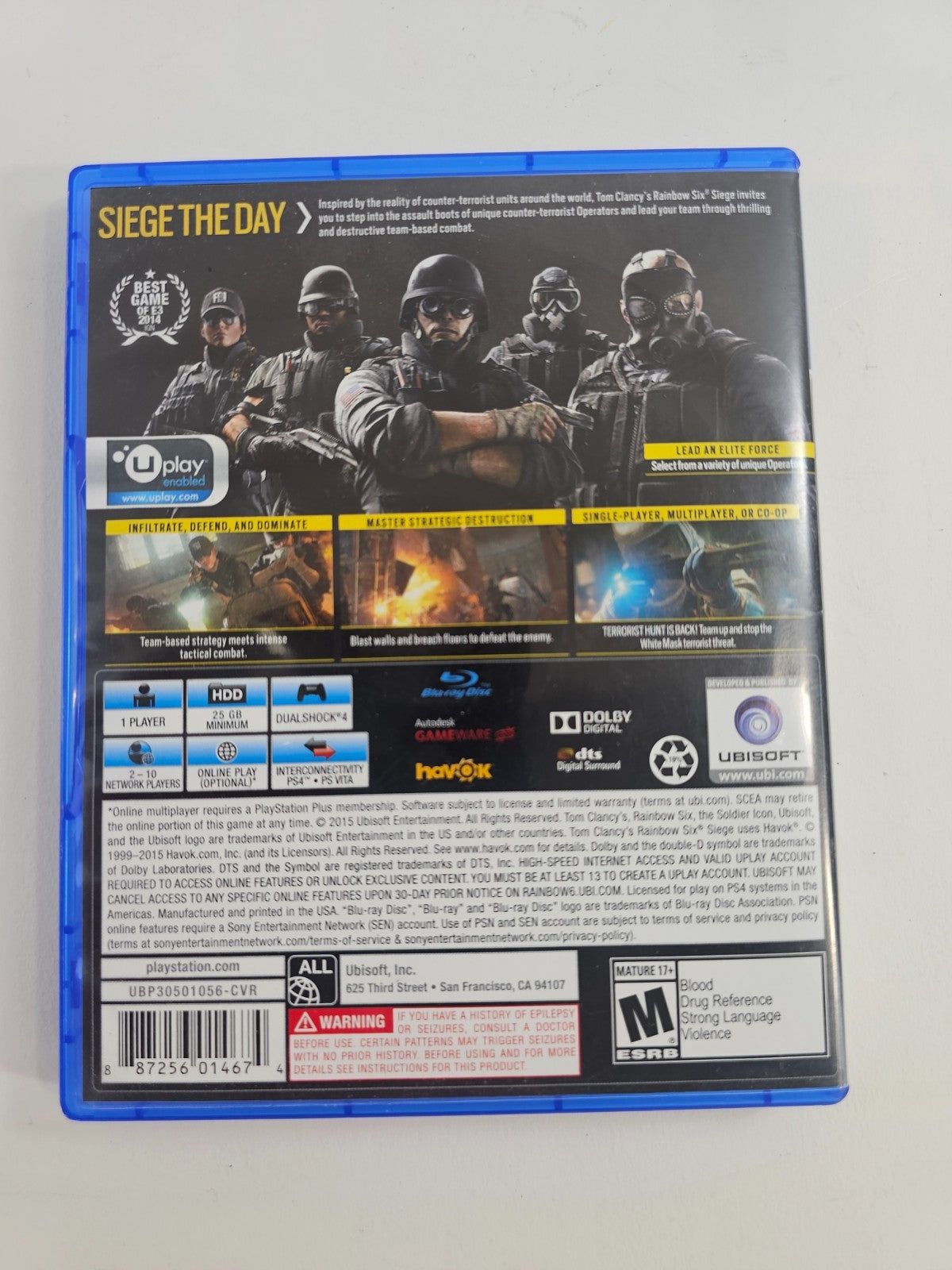 Tom Clancy's Rainbow Six Siege (PlayStation 4, 2015) Game and Case - Tested