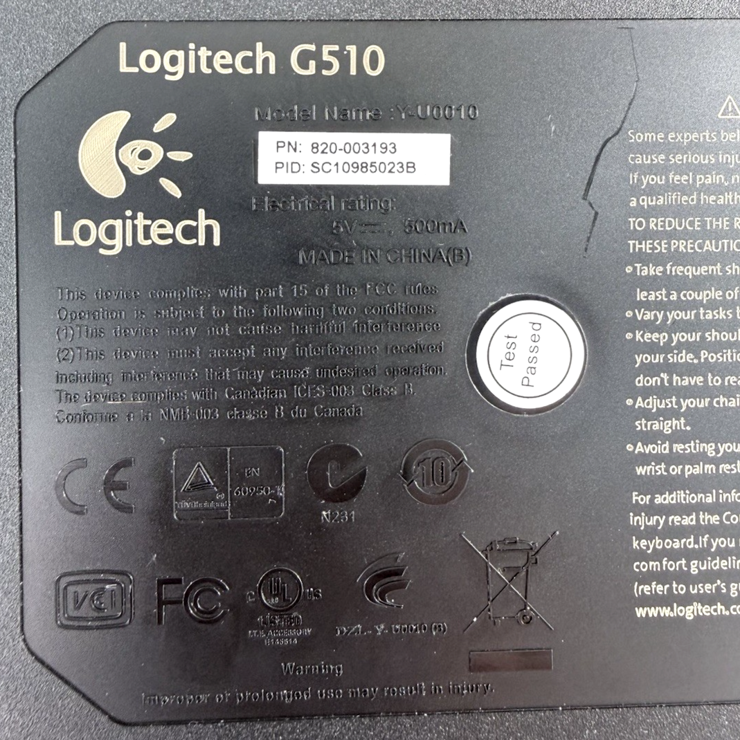 Logitech G510 Y-U0010 Wired USB Gaming Keyboard - Tested And Working