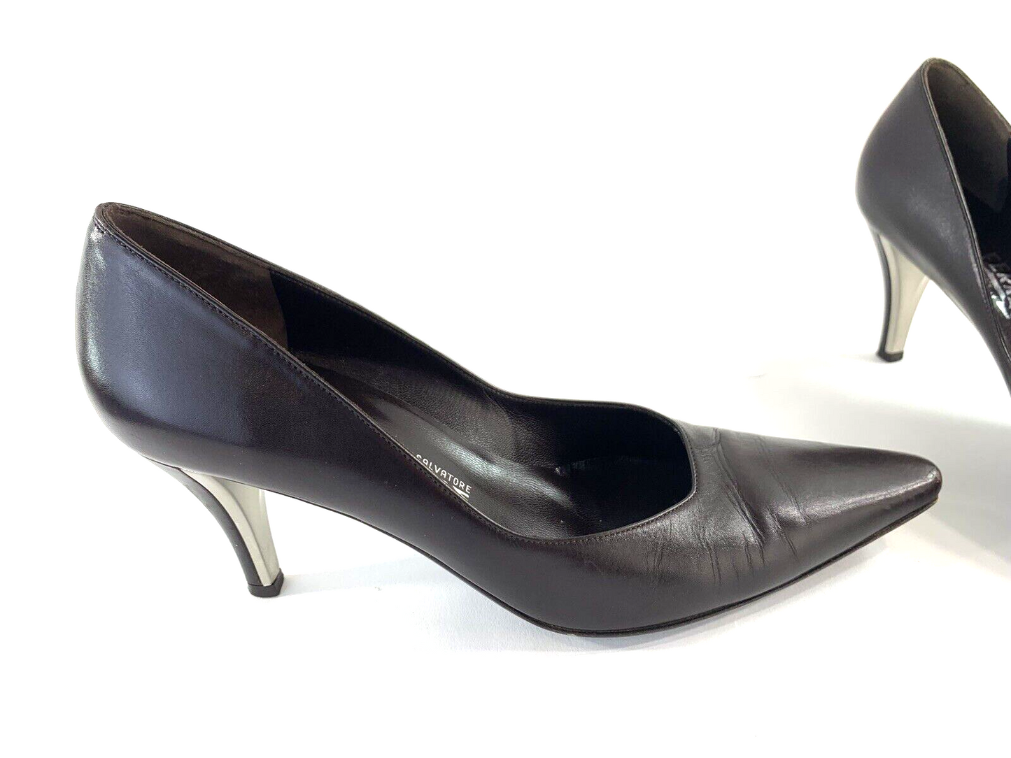 Salvatore Ferragamo Size 7.5 AA Brown Leather Heels Pointed Toe Dress Shoes
