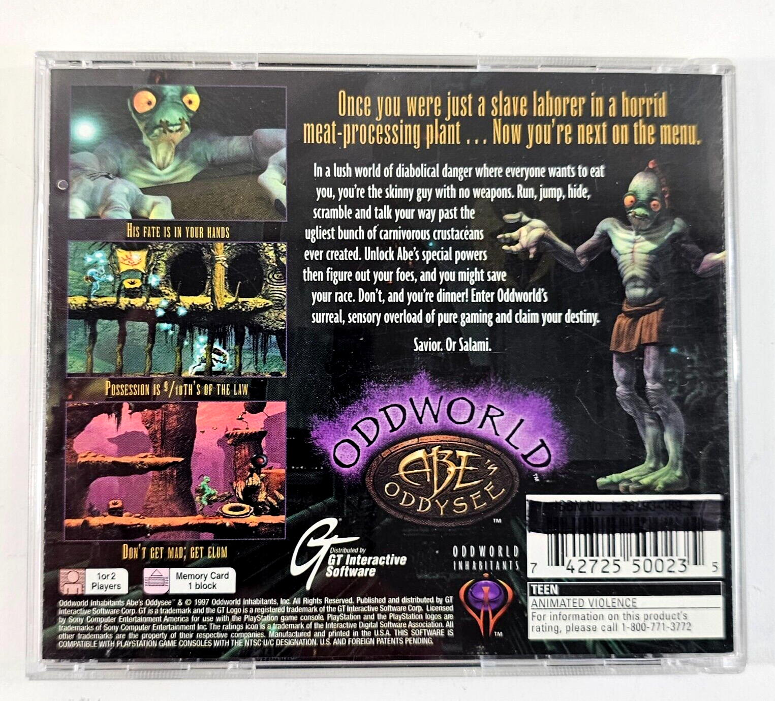 Oddworld: Abe's Oddysee (Sony PlayStation, 1997) Game Case Manual Registration