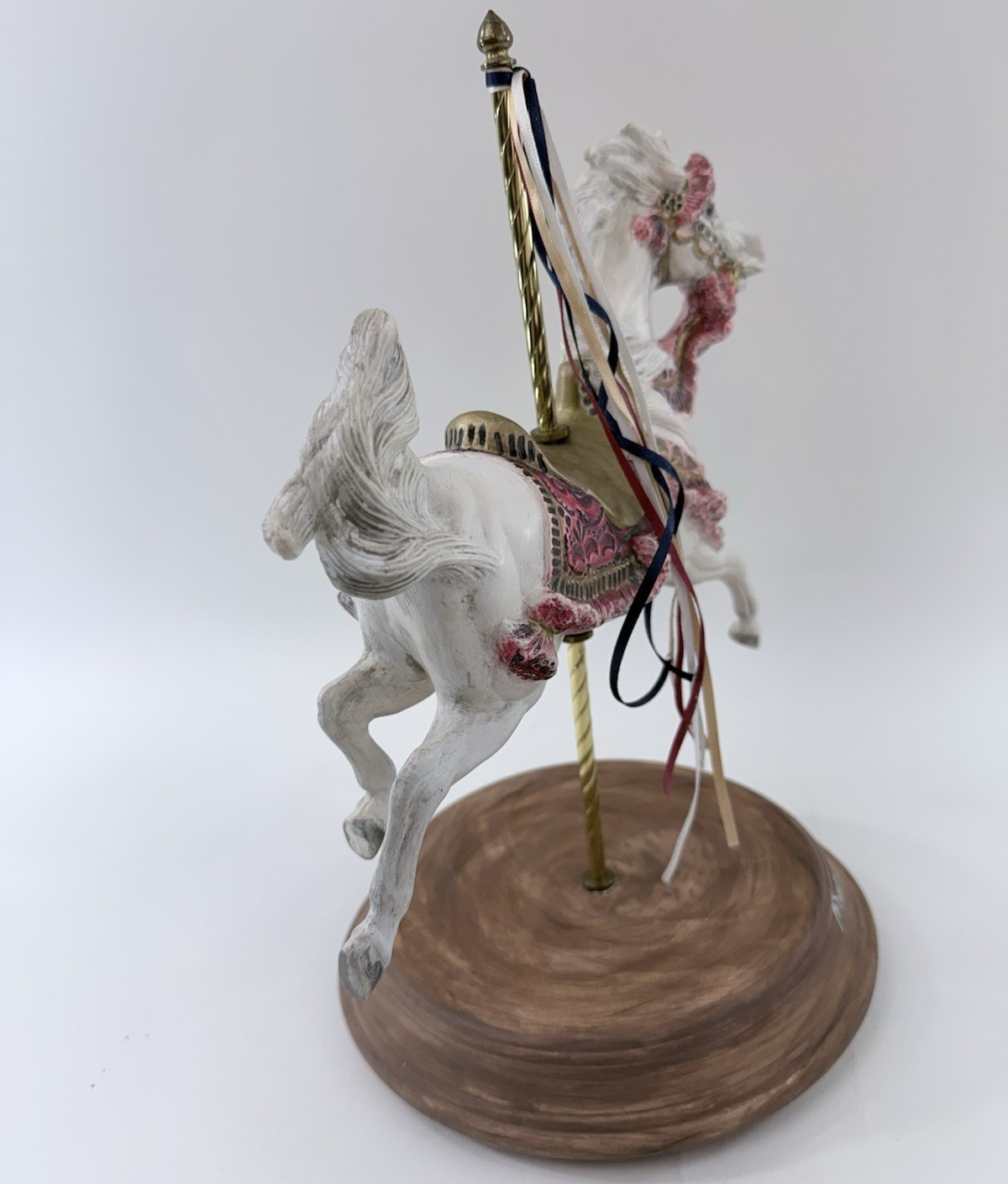 Large 13” Ceramic Carousel Horse Figurine with Ribbons Pink And Gold Trim
