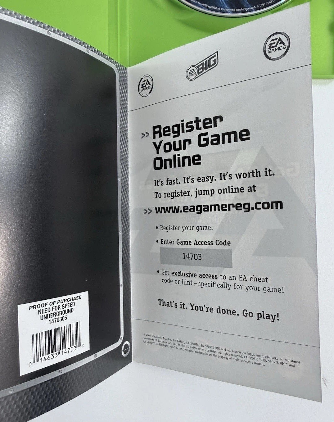 Need for Speed: Underground (Xbox, 2003) Game Case Manual Reg. Card - Tested