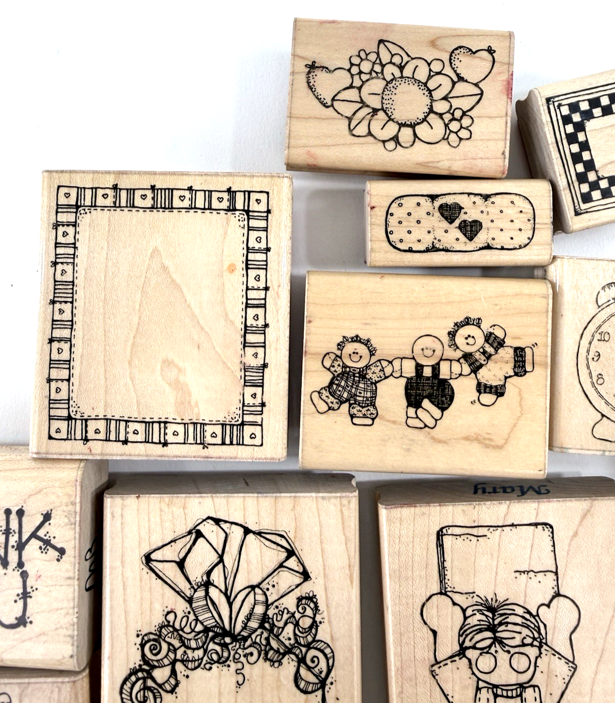 16 Pcs D.O.T.S. Wood Mounted Rubber Stamps Mixed Designs Dolls Frames Borders