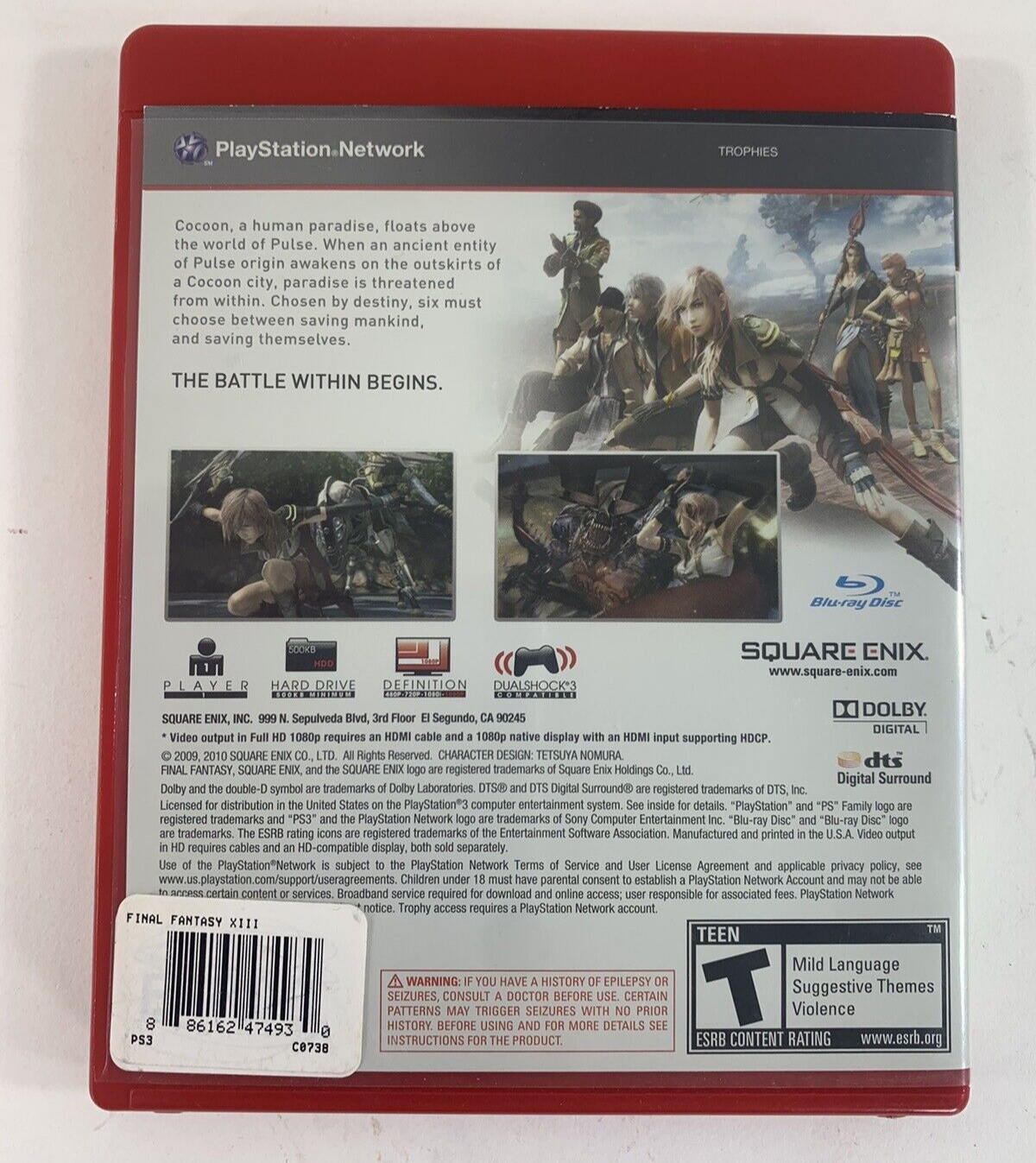 Final Fantasy XIII (Sony PlayStation 3, 2010) Game Case Manual - Tested