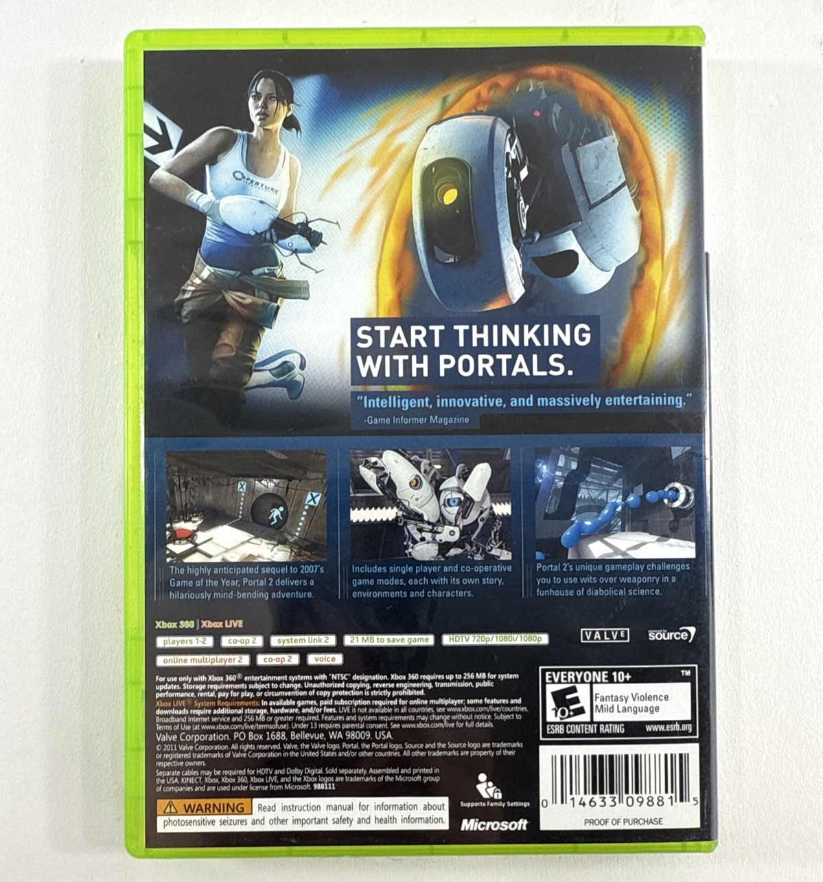 Portal 2 (Microsoft Xbox 360, 2011) Game Case Manual - Tested and Working